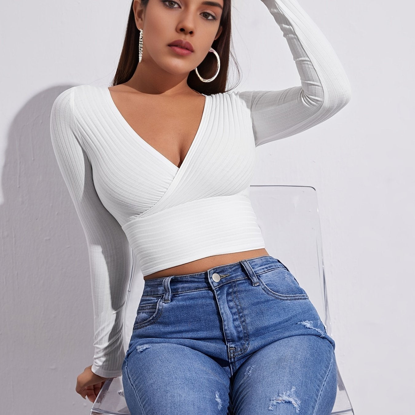 Sixsr Ribbed Solid Deep V Neck Long Sleeve Cross Wrap Crop Tops , Women's Clothings