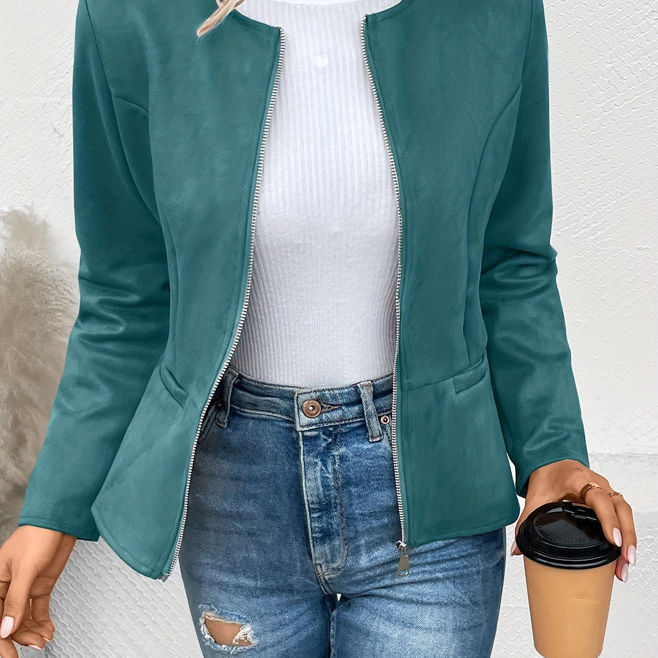 Sixsr Solid Zip Up Jacket, Casual Long Sleeve Crew Neck Outerwear For Spring & Fall, Women's Clothing