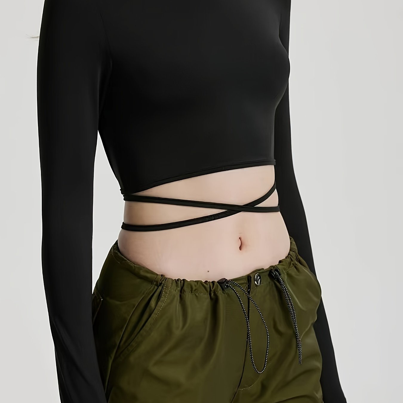 Sixsr Solid Cross Strap Mock Neck Crop T-Shirt, Casual Long Sleeve Top For Spring & Fall, Women's Clothing