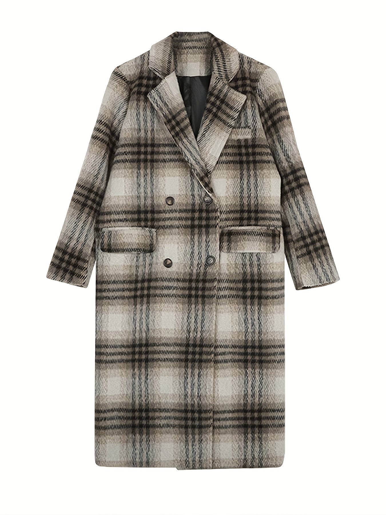 Sixsr Plaid Print Double-breasted Coat, Casual Long Sleeve Notched Collar Coat For Fall & Winter, Women's Clothing