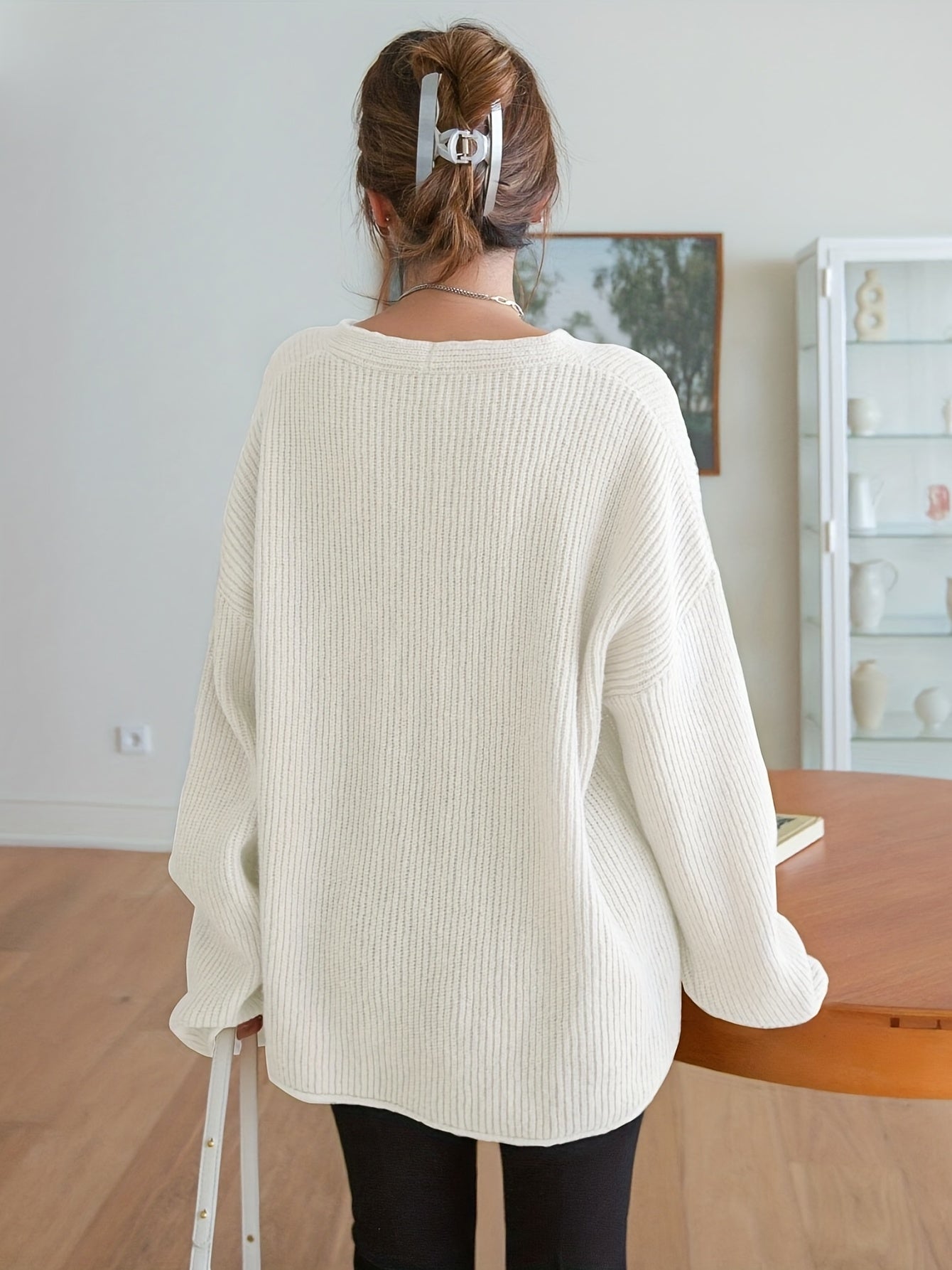 Sixsr Textured Solid V Neck Pullover Sweater, Casual Long Sleeve Sweater For Spring & Fall, Women's Clothing