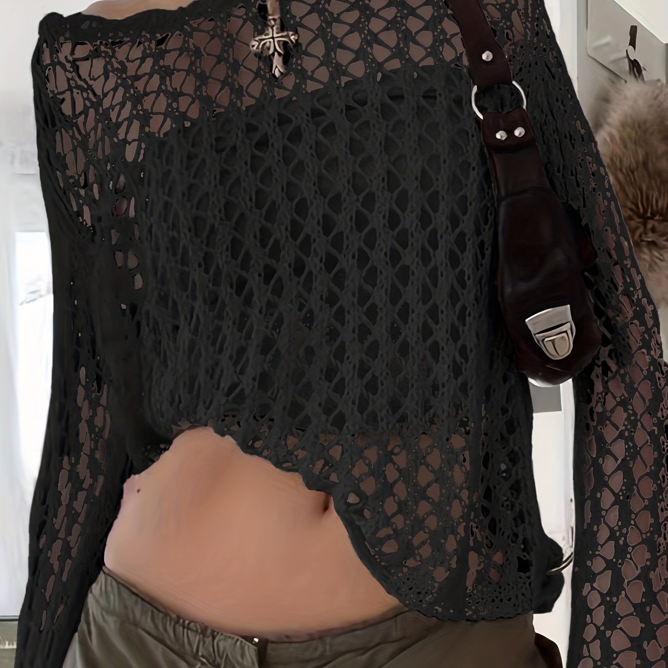 Sixsr Crochet Beach Wear Knit Sweater, Vacation Solid Crew Neck Long Sleeve Summer Sweater, Women's Clothing