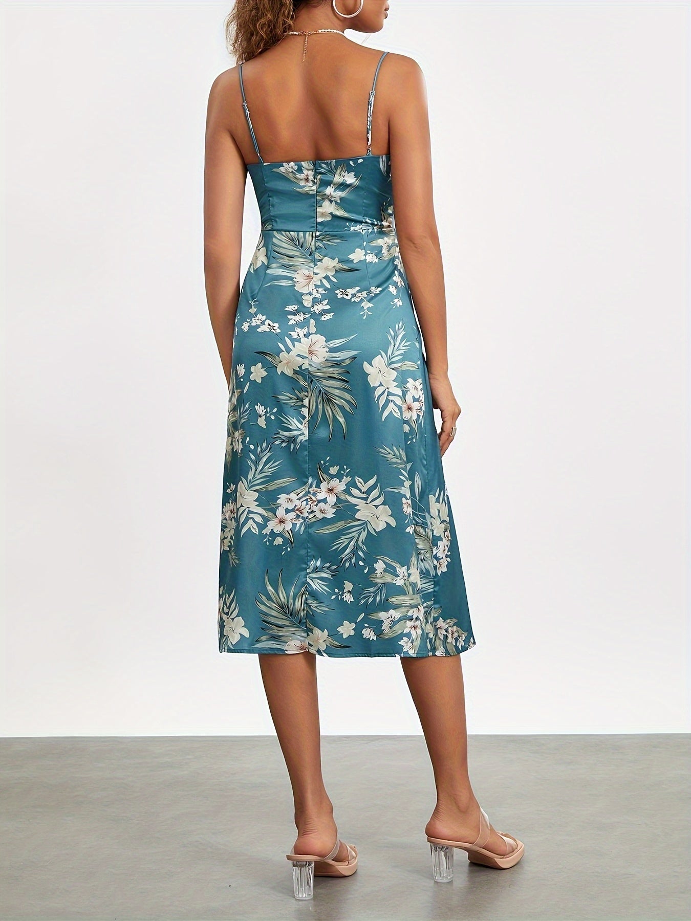 Sixsr Floral Print Cowl Neck Cami Dress, Elegant Sleeveless Ruffle Hem Dress For Summer, Women's Clothing