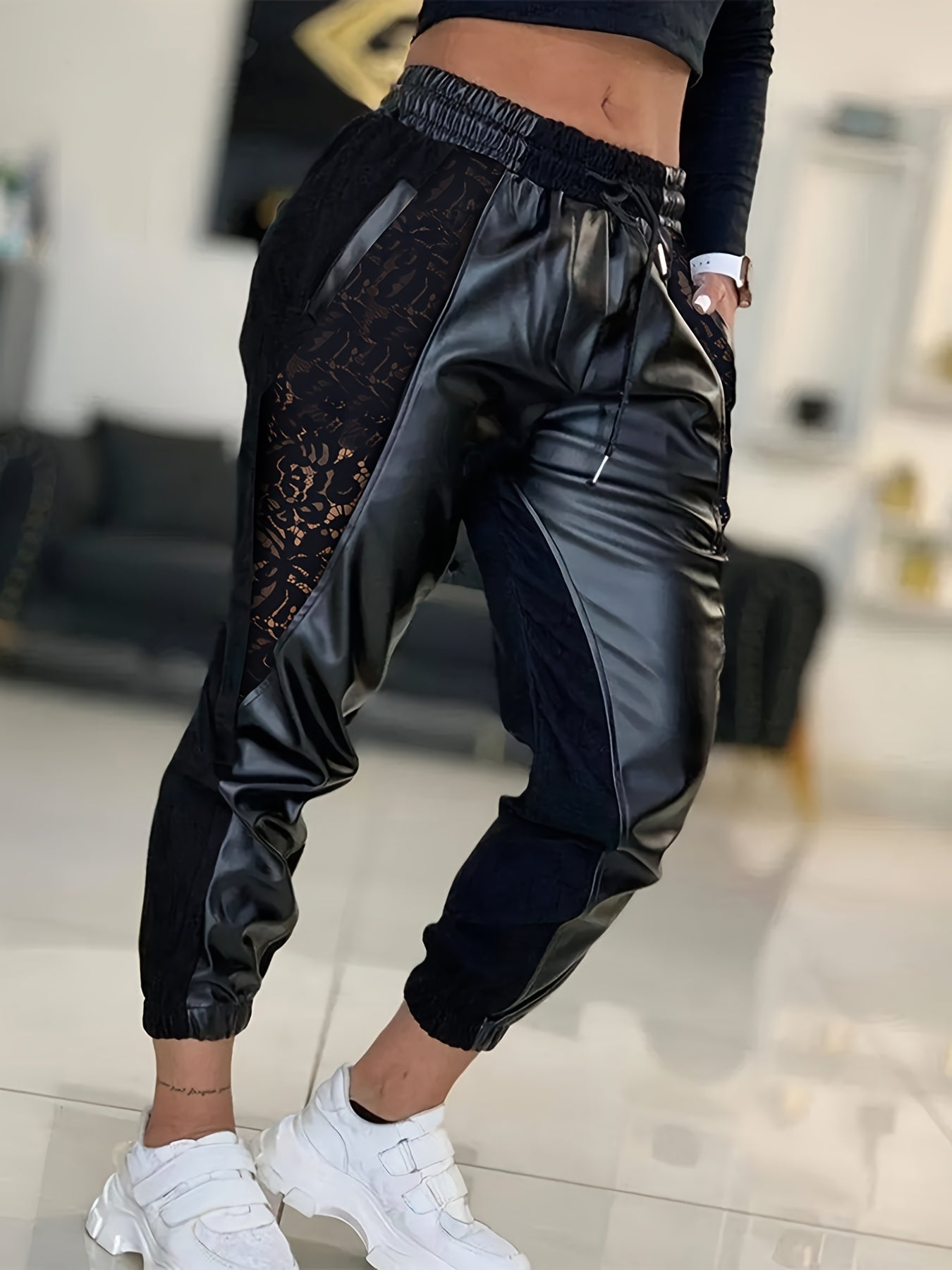 Sixsr Lace Solid Pants, Casual Every Day Pants For Spring & Fall, Women's Clothing