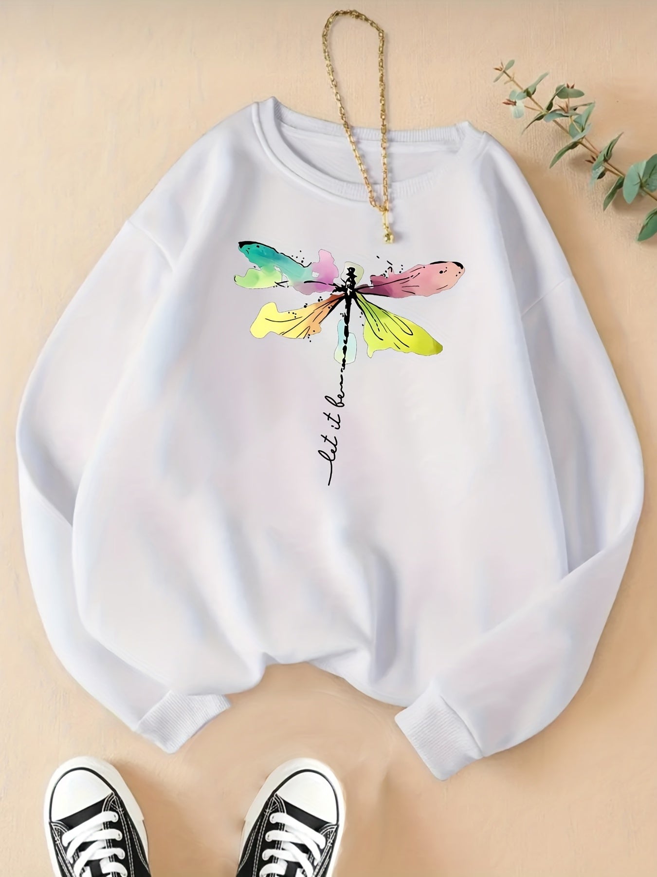 Sixsr Plus Size Casual Sweatshirt, Women's Plus Tie Dye Dragonfly & Letter Print Long Sleeve Round Neck Slight Stretch Sweatshirt