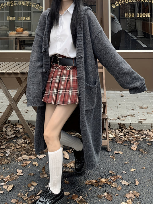 Sixsr Solid Open Front Cardigan, Casual Long Sleeve Long Length Outwear, Women's Clothing