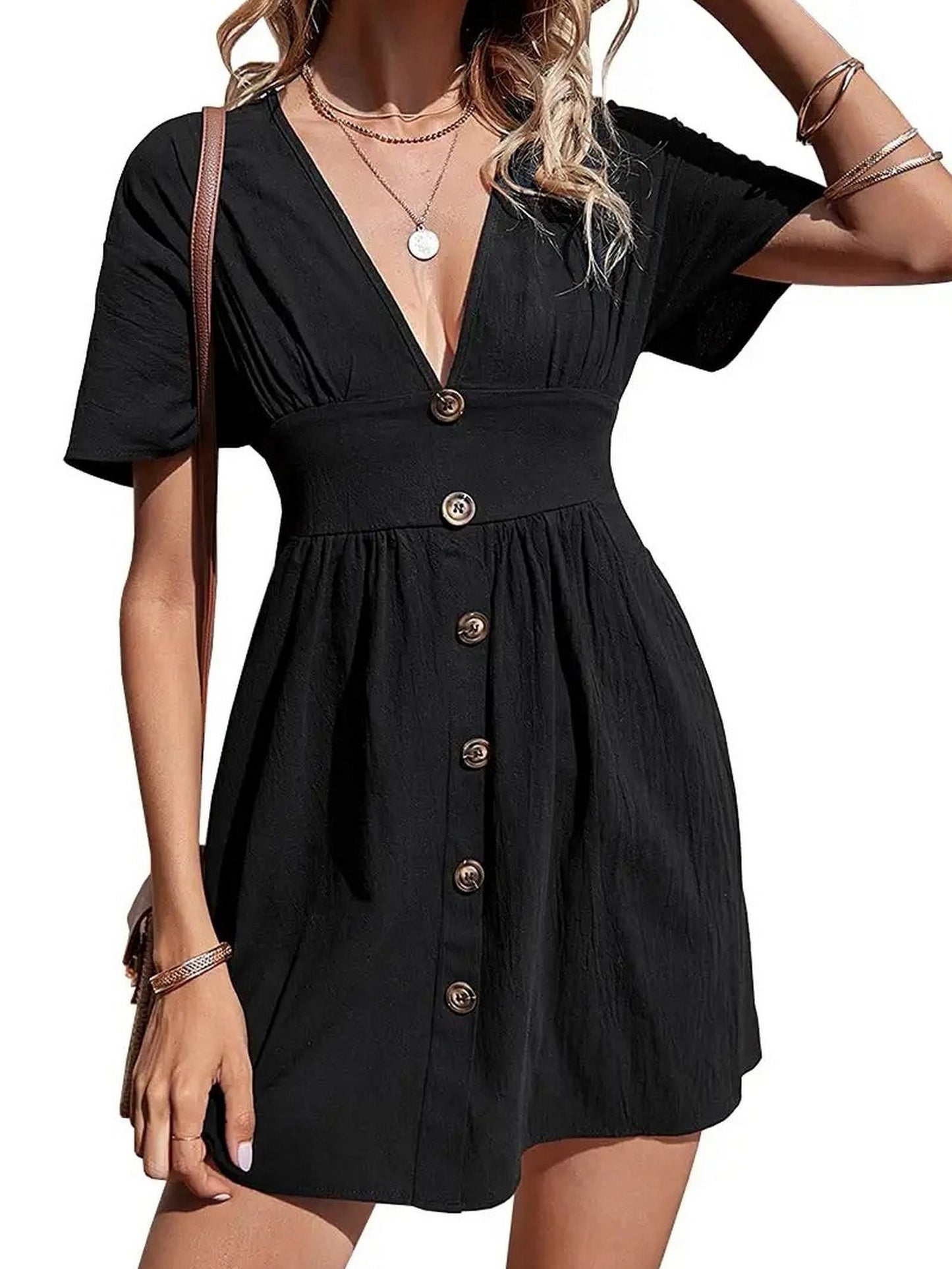 Sixsr Women's Dresses Sexy Solid Color V Neck Button Up Short Sleeve Dresses
