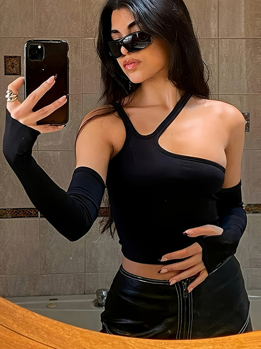Sixsr  Solid Halter Neck Crop Top, Stylish Skinny Top With Arm Sleeve, Women's Clothing