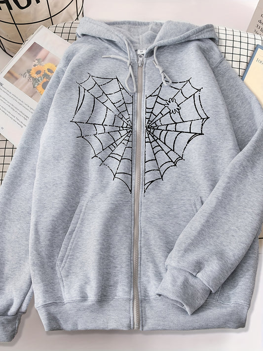 Sixsr Heart Web Print Zip Hoodie, Long Sleeve Zipper Thermal Hoodie Coat With Pocket, Streetwear Hooded Jacket
