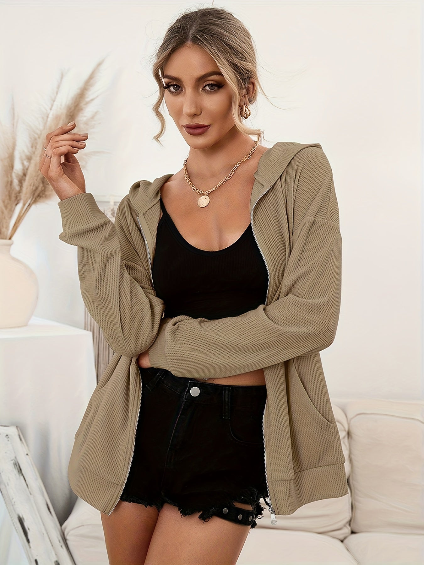 Sixsr Waffle Knit Kangaroo Pocket Hoodie, Casual Solid Comfy Zipper Hoodies Sweatshirt, Women's Clothing