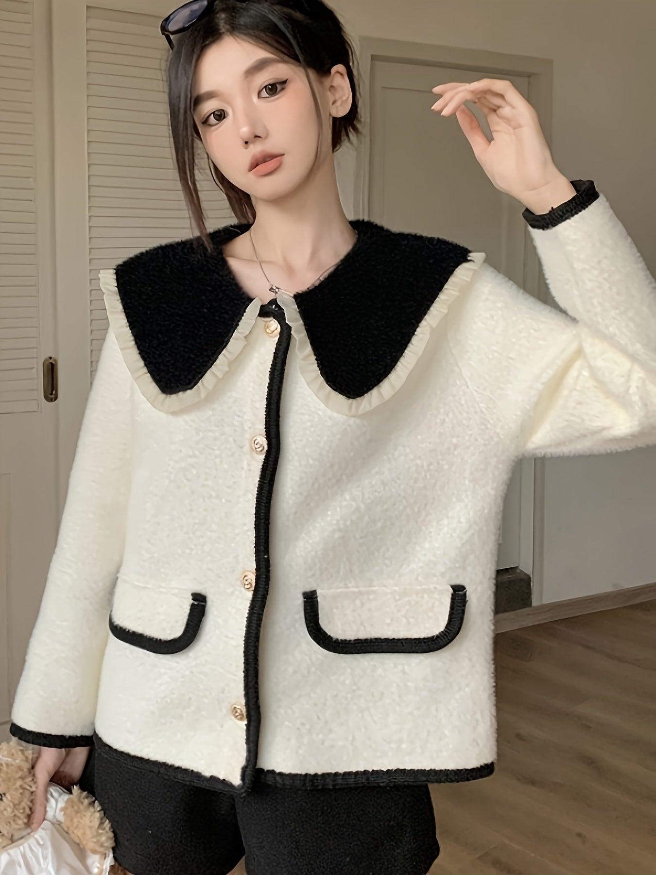 Sixsr Color Block Button Down Knit Cardigan, Elegant Turndown Collar Long Sleeve Sweater With Pocket, Women's Clothing