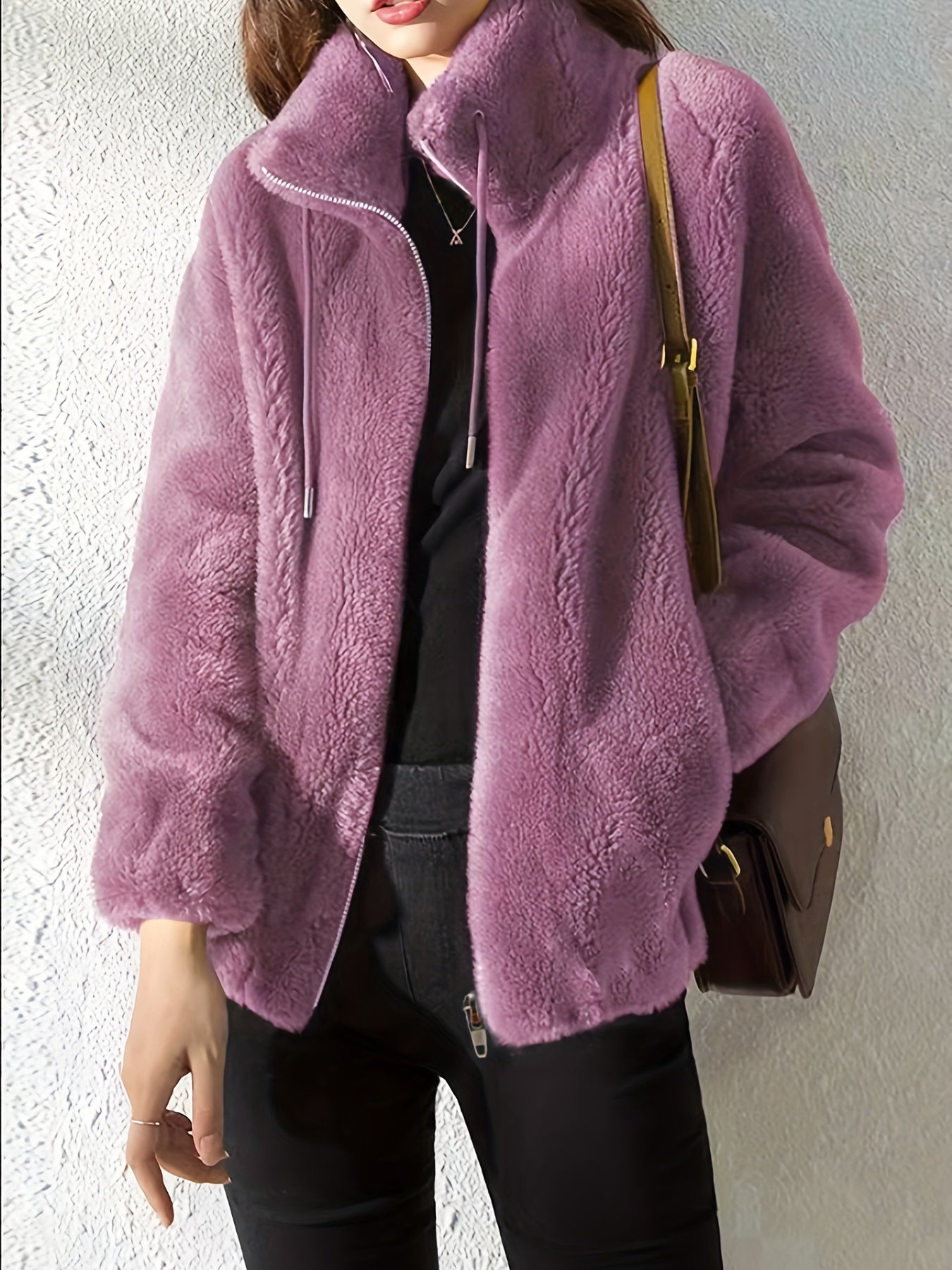 Sixsr Drawstring Teddy Coat, Casual Zip Up Long Sleeve Warm Outerwear, Women's Clothing