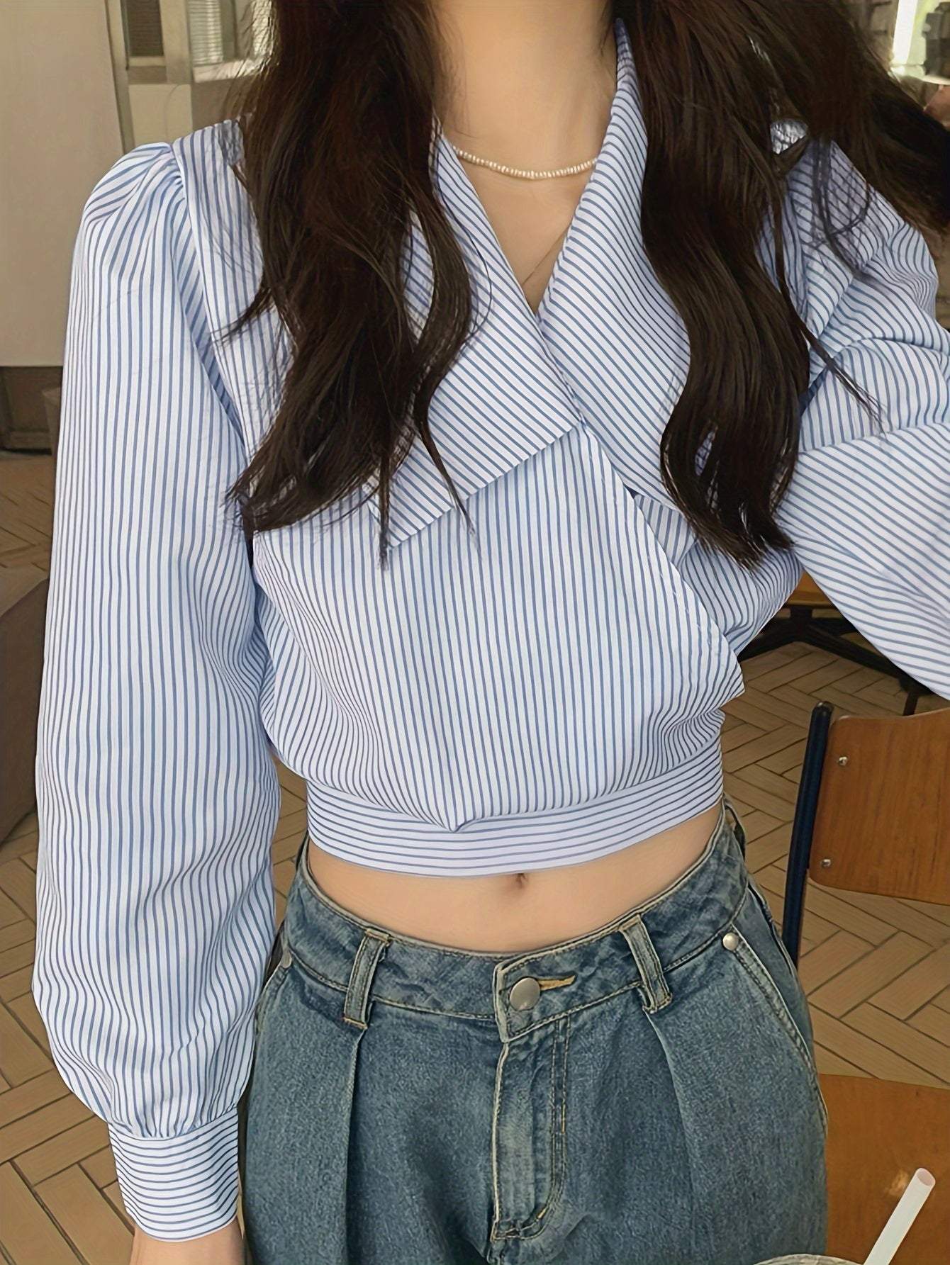 Sixsr Striped Print Lapel V-neck Crop Blouse, Casual Tie Back Long Sleeve Blouse For Spring & Fall, Women's Clothing