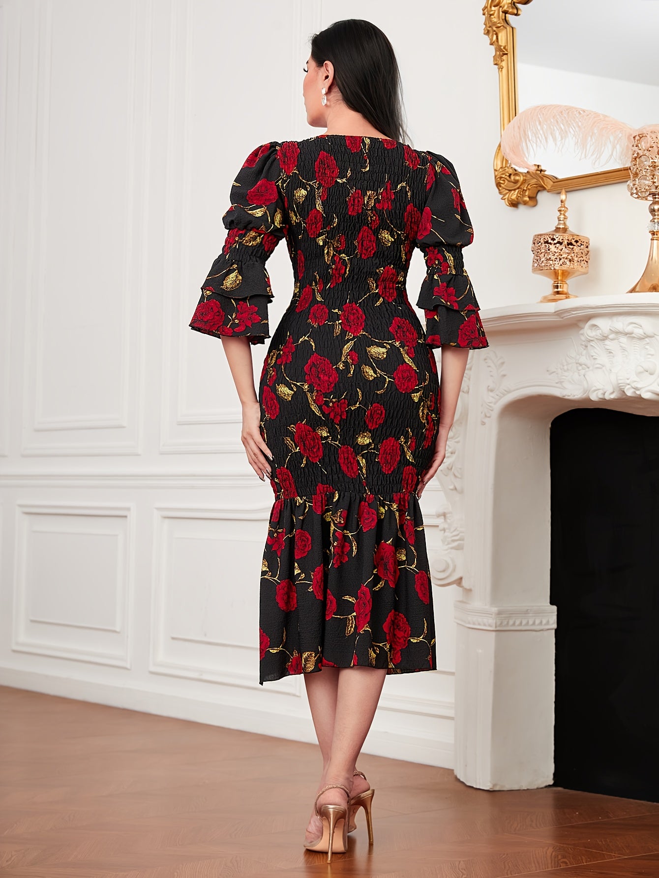 Sixsr Floral Print Layered Dress, Elegant Crew Neck Ruffle Hem Dress, Women's Clothing