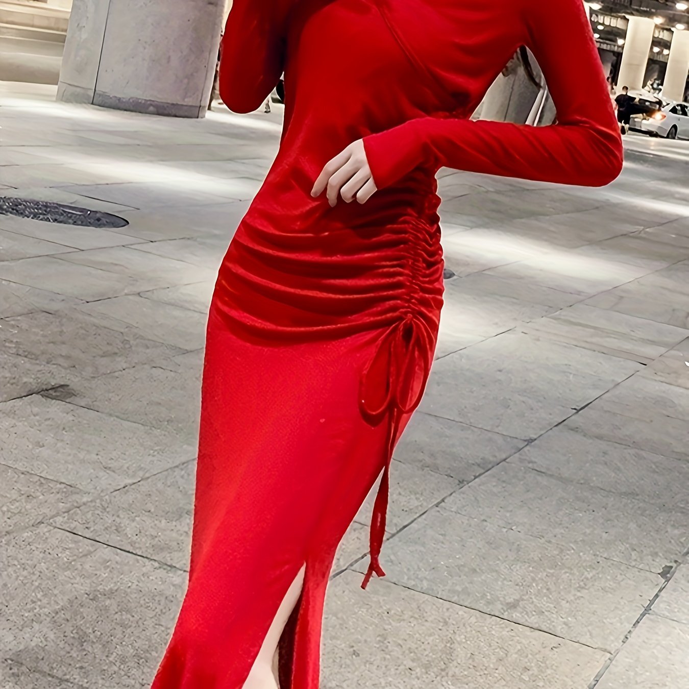 Sixsr Split Hem Drawstring Ruched Dress, Stylish V Neck Long Sleeve Dress For Spring & Fall, Women's Clothing