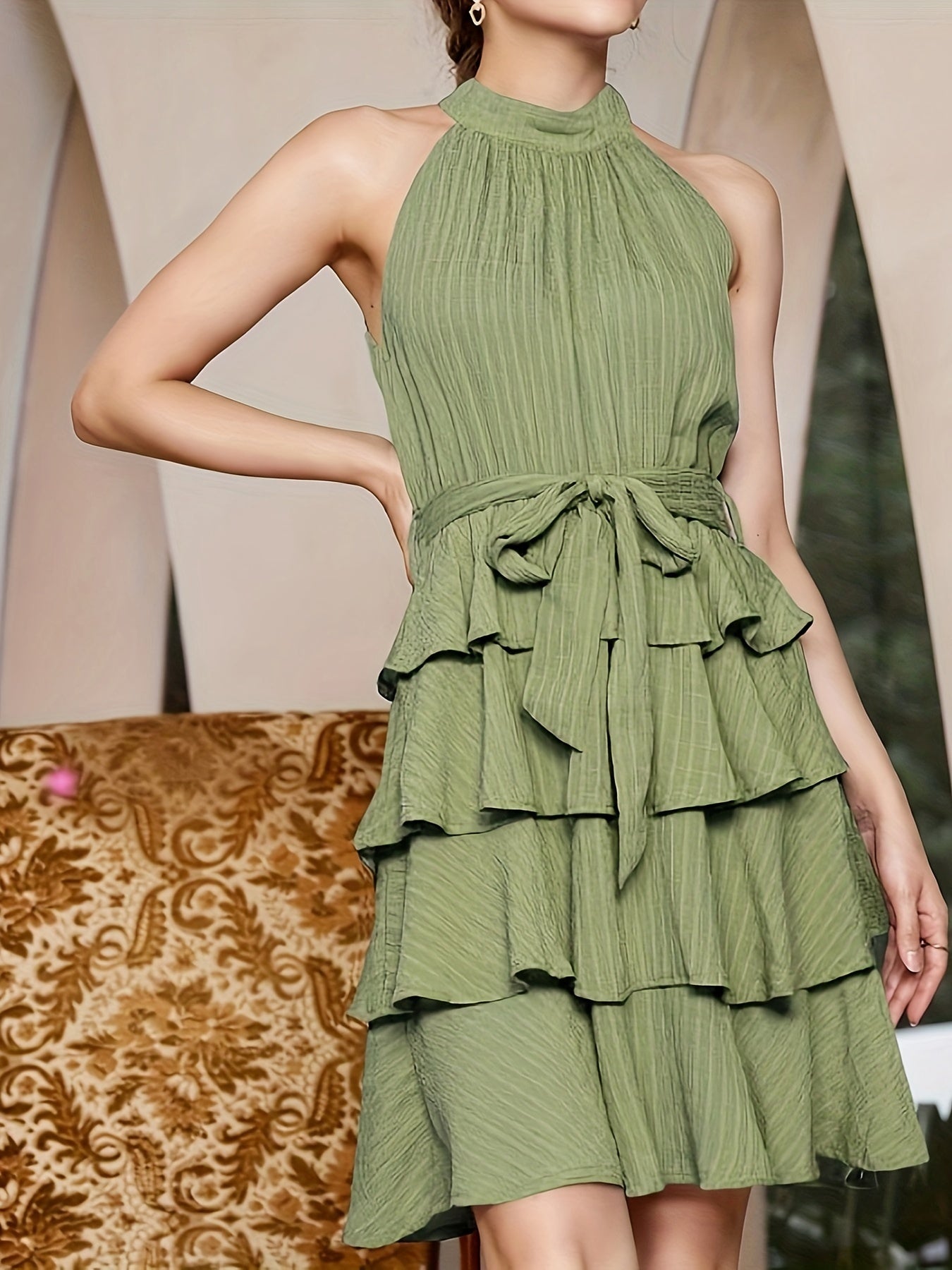 Sixsr Women's Dresses Casual Solid Belt Crew Neck Sleeveless Fashion Spring Summer Loose Dress