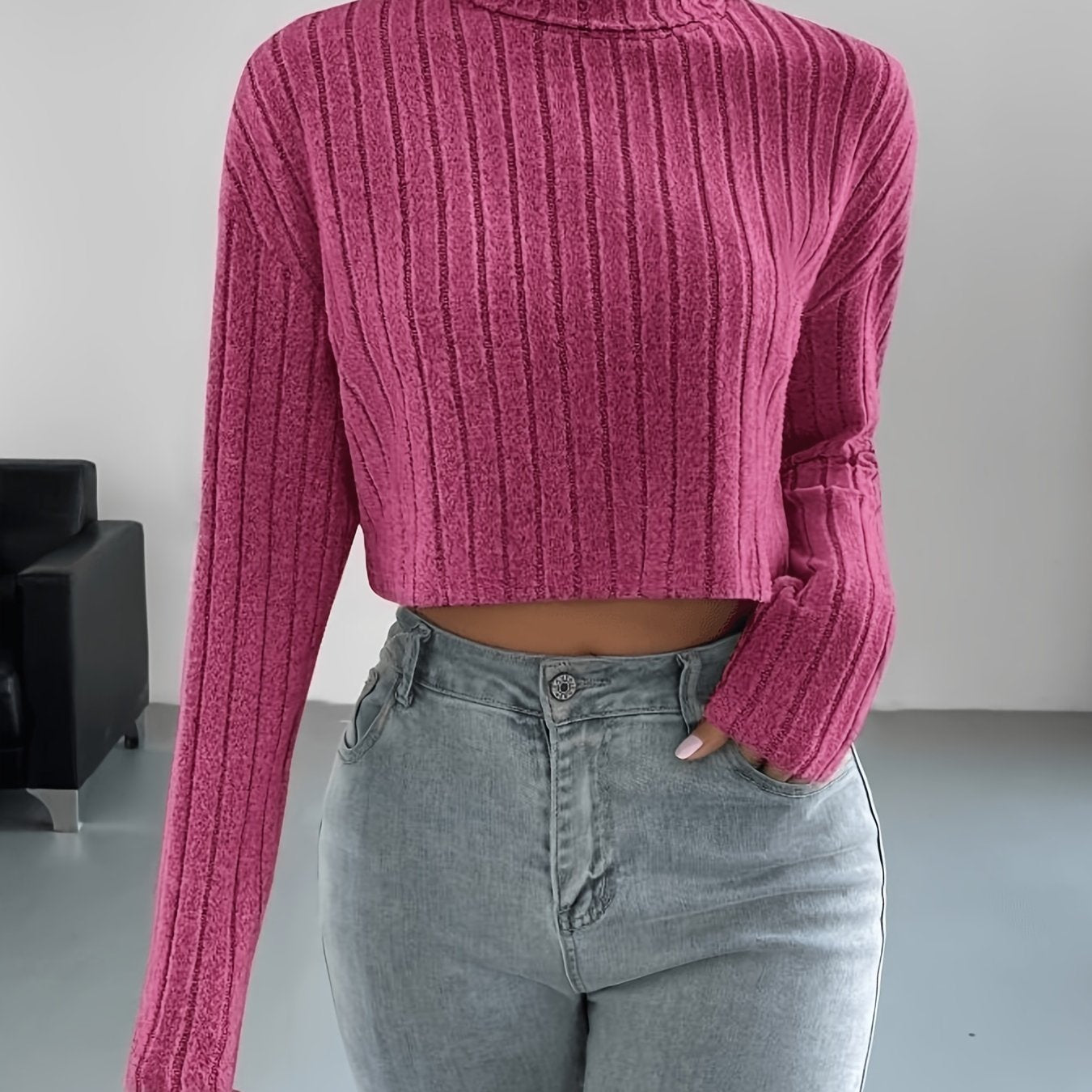 Sixsr Solid Ribbed Turtleneck Crop T-Shirt, Casual Long Sleeve Top For Spring & Fall, Women's Clothing