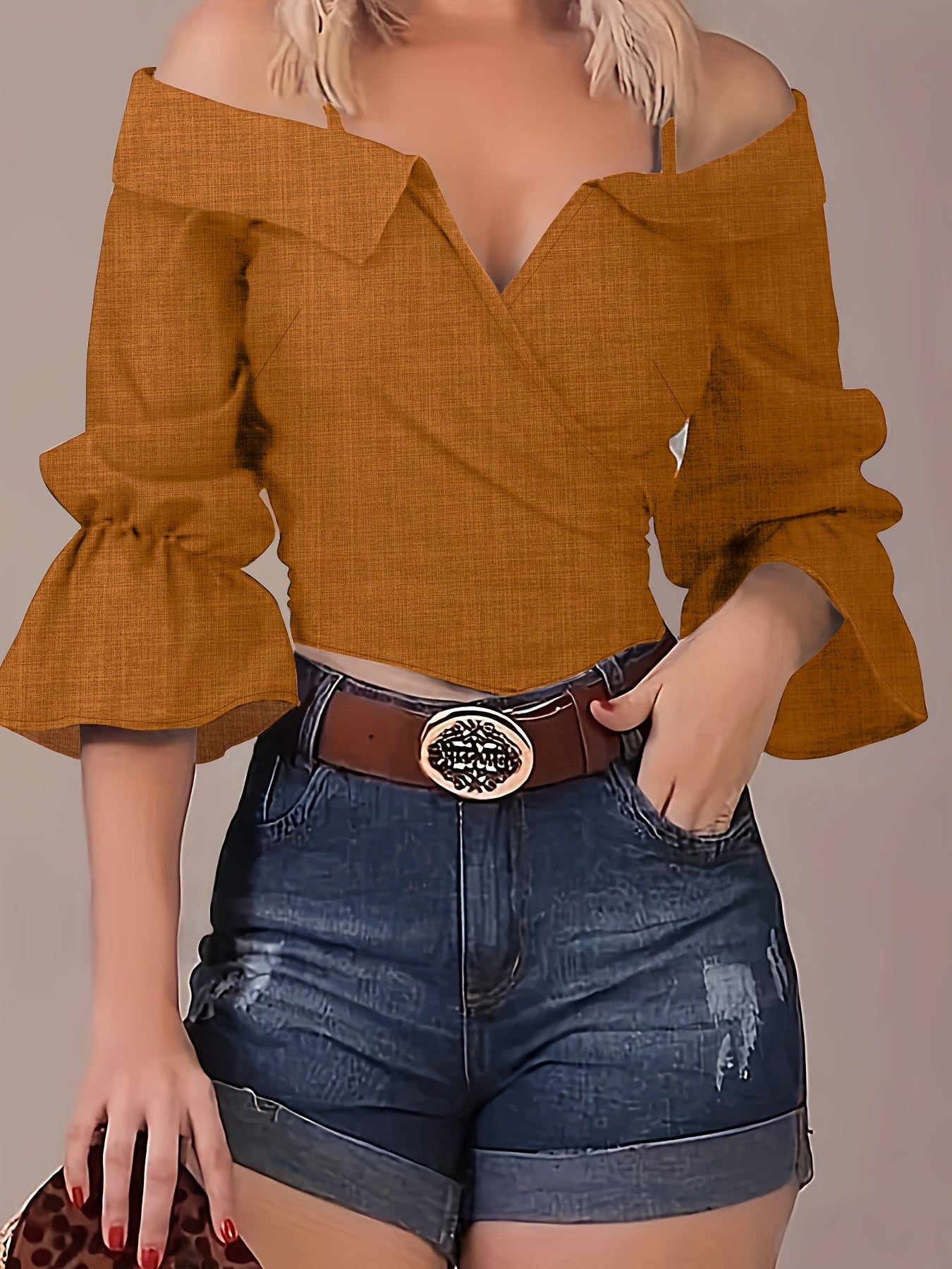 Sixsr Solid Spaghetti Strap Blouse, Casual Bell Sleeve Surplice Neck Blouse, Women's Clothing