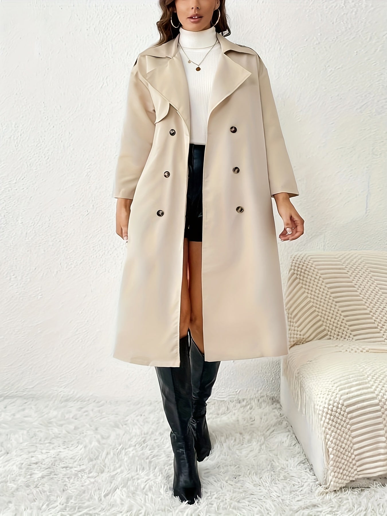 Sixsr Plus Size Casual Trench Coat, Women's Plus Long Sleeve Lapel Collar Double Breasted Trench Coat