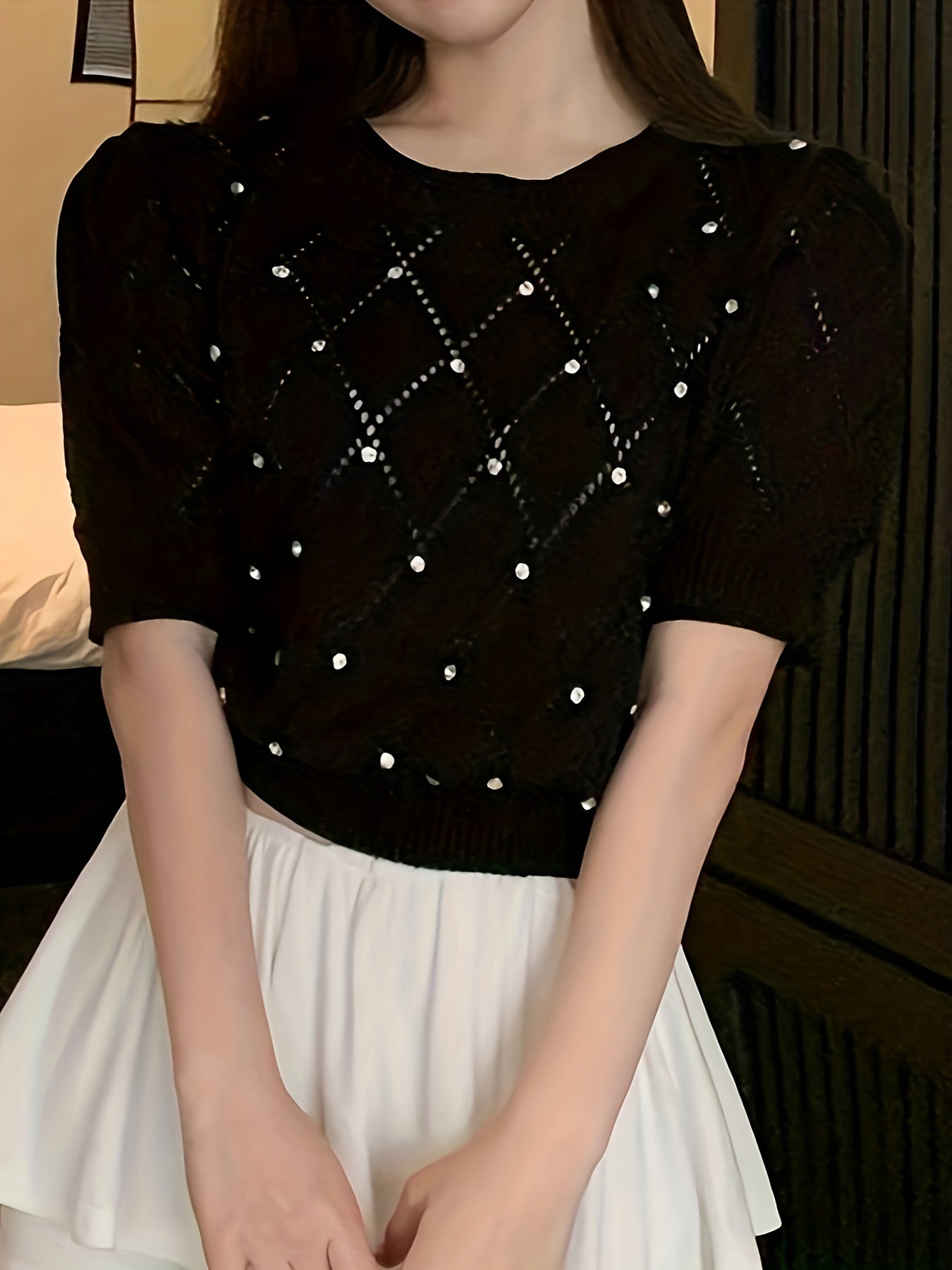 Sixsr Rhinestone Crew Neck Pointelle Knit Sweater, Causal Puff Short Sleeve Pullover Sweater, Women's Clothing