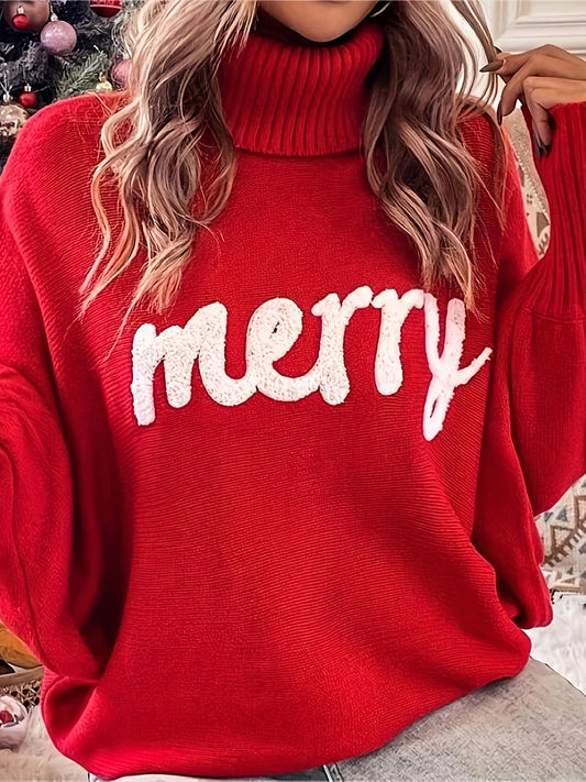 Sixsr Plus Size Casual Sweater, Women's Plus Letter Patch Bat Sleeve Turtle Neck Pullover Sweater