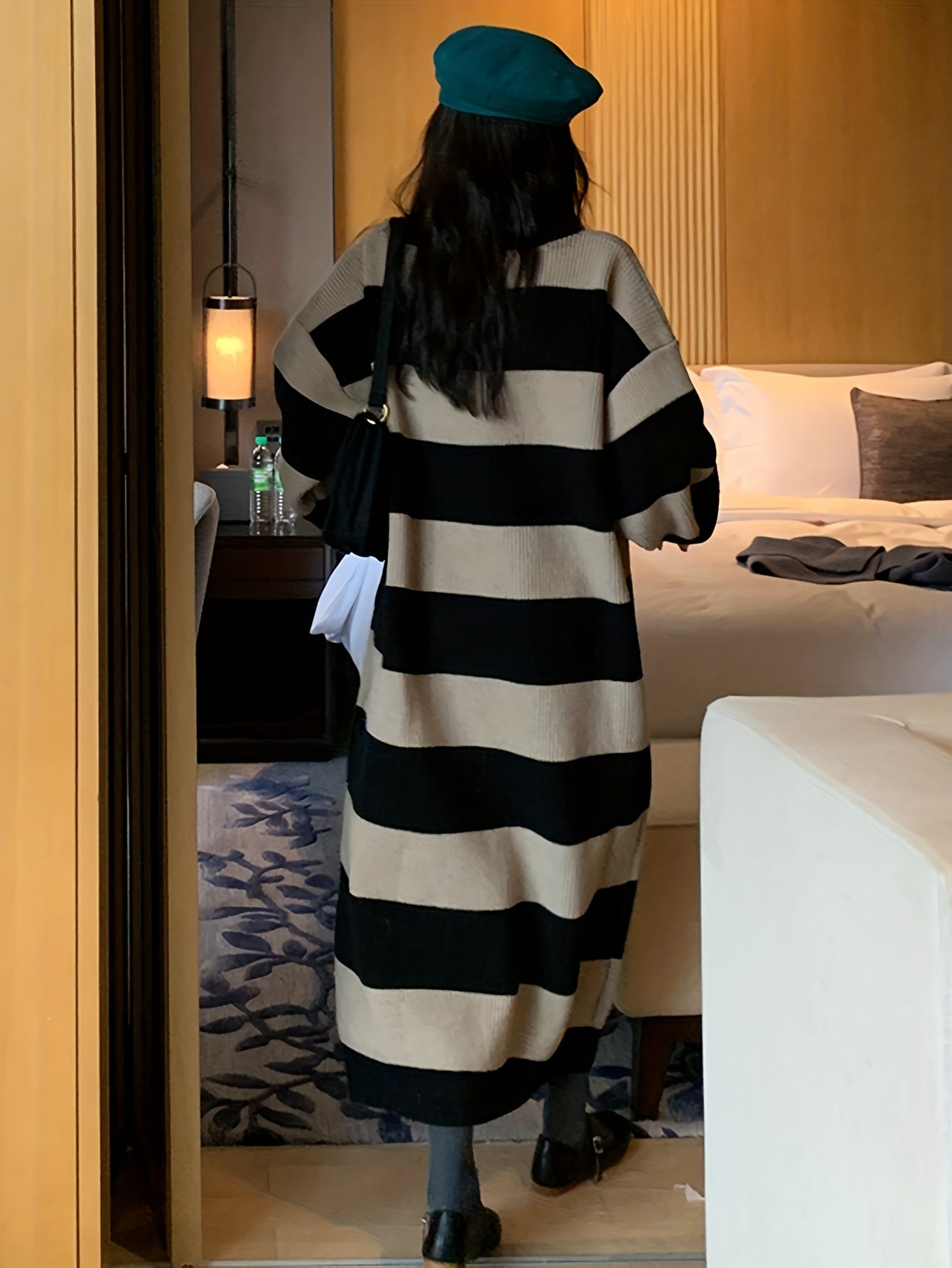 Sixsr Striped Drop Shoulder Sweater Dress, Casual V Neck Long Sleeve Maxi Dress, Women's Clothing