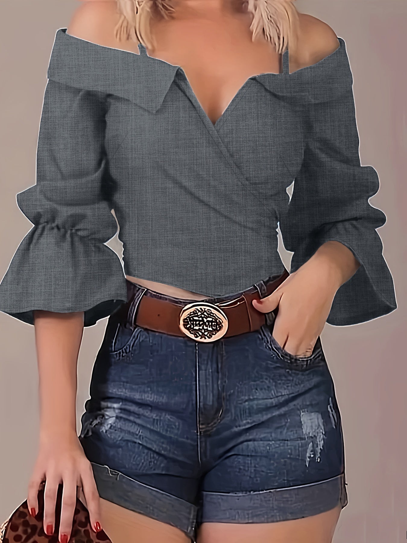Sixsr Solid Spaghetti Strap Blouse, Casual Bell Sleeve Surplice Neck Blouse, Women's Clothing