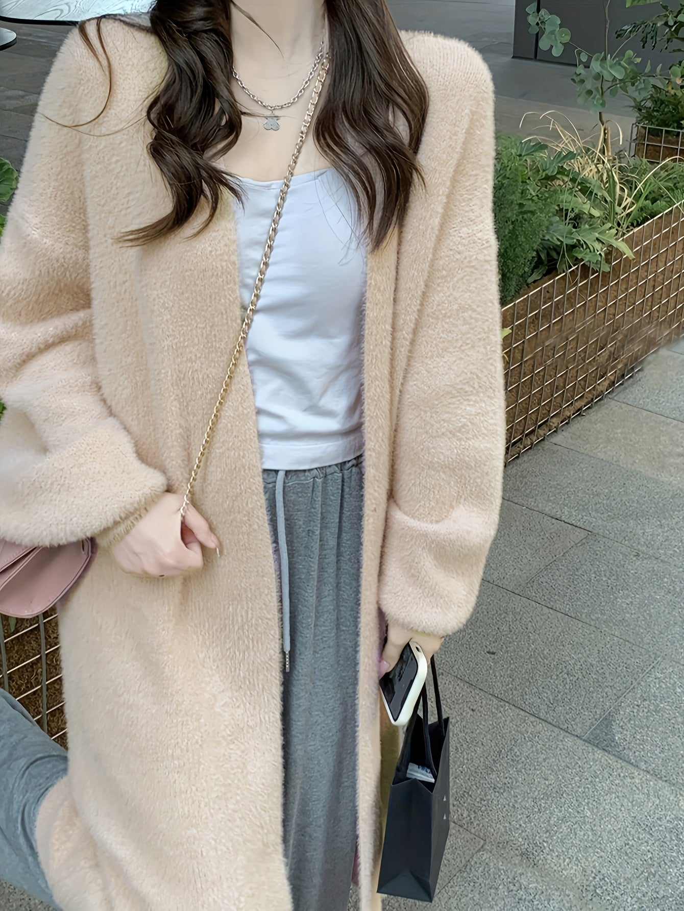 Sixsr Solid Open Front Loose Knit Cardigan, Elegant Long Sleeve Mid Length Comfy Sweater, Women's Clothing