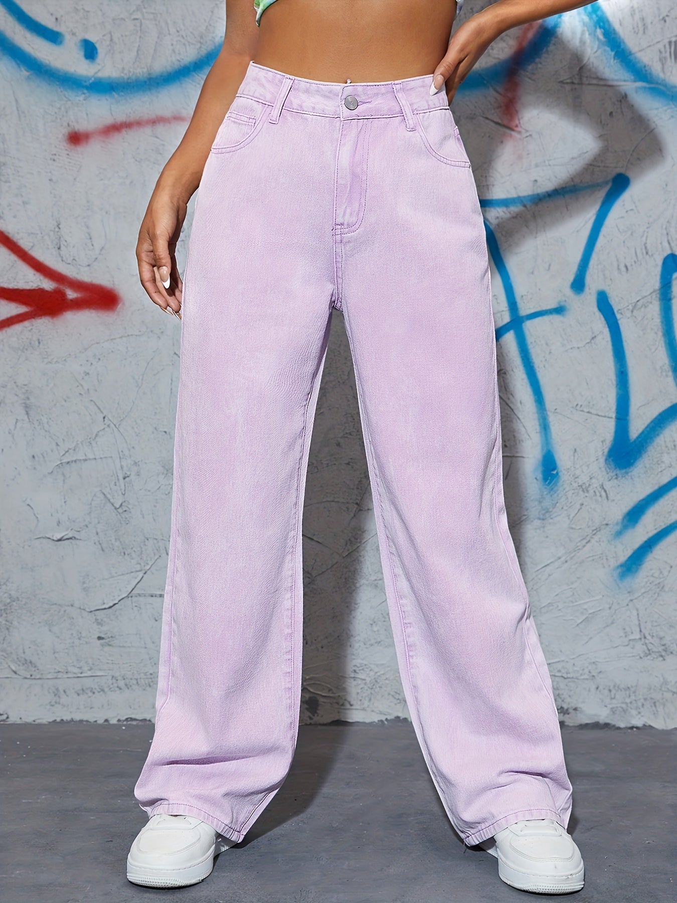 Sixsr Purple Loose Fit Straight Jeans, Slash Pockets Non-Stretch Mid Waist Baggy Denim Pants, Women's Denim Jeans & Clothing