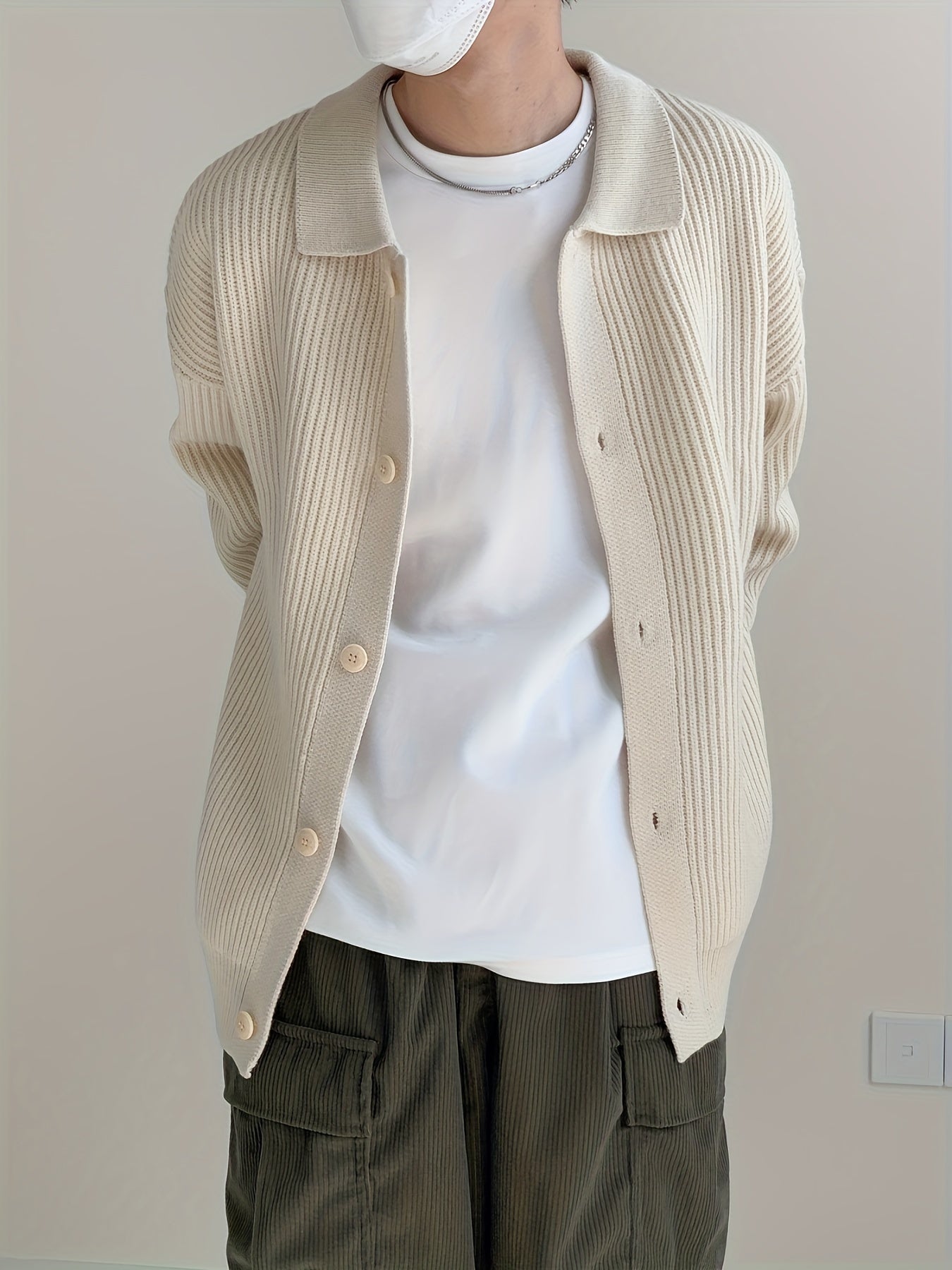 Sixsr Men's Stylish Solid Loose Knitted Cardigan, Casual Medium Stretch Breathable Long Sleeve Button Up Top For City Walk Street Hanging Outdoor Activities