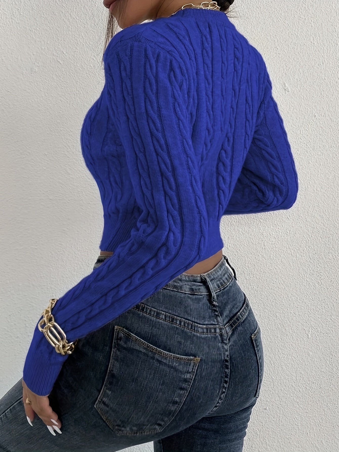 Sixsr Solid Cable Knit Sweater, Casual Crew Neck Long Sleeve Slim Sweater, Women's Clothing