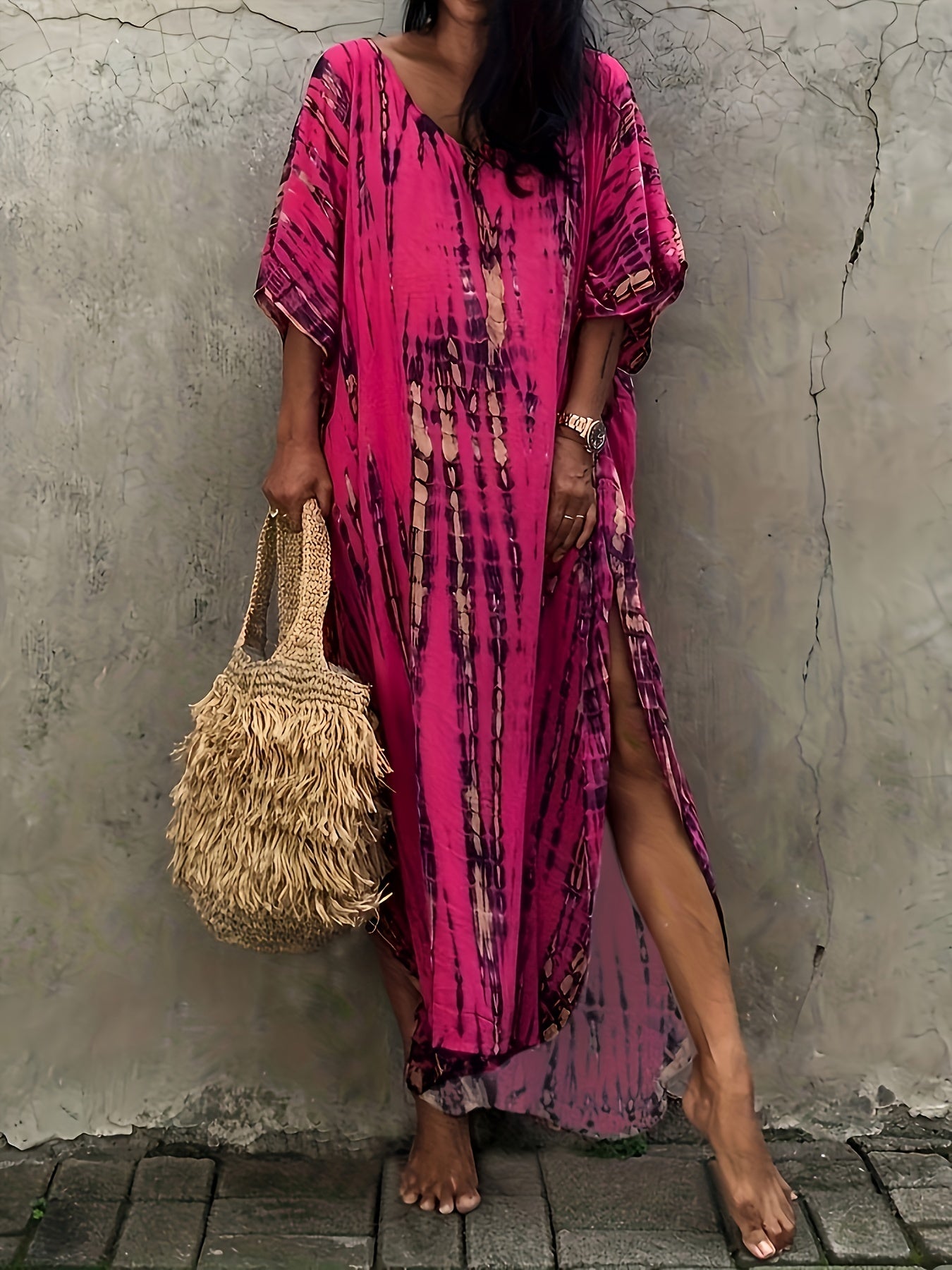 Sixsr V Neck Oversized Kaftan Dress, Bohemian Loose Beach Vacation Dress, Women's Clothing