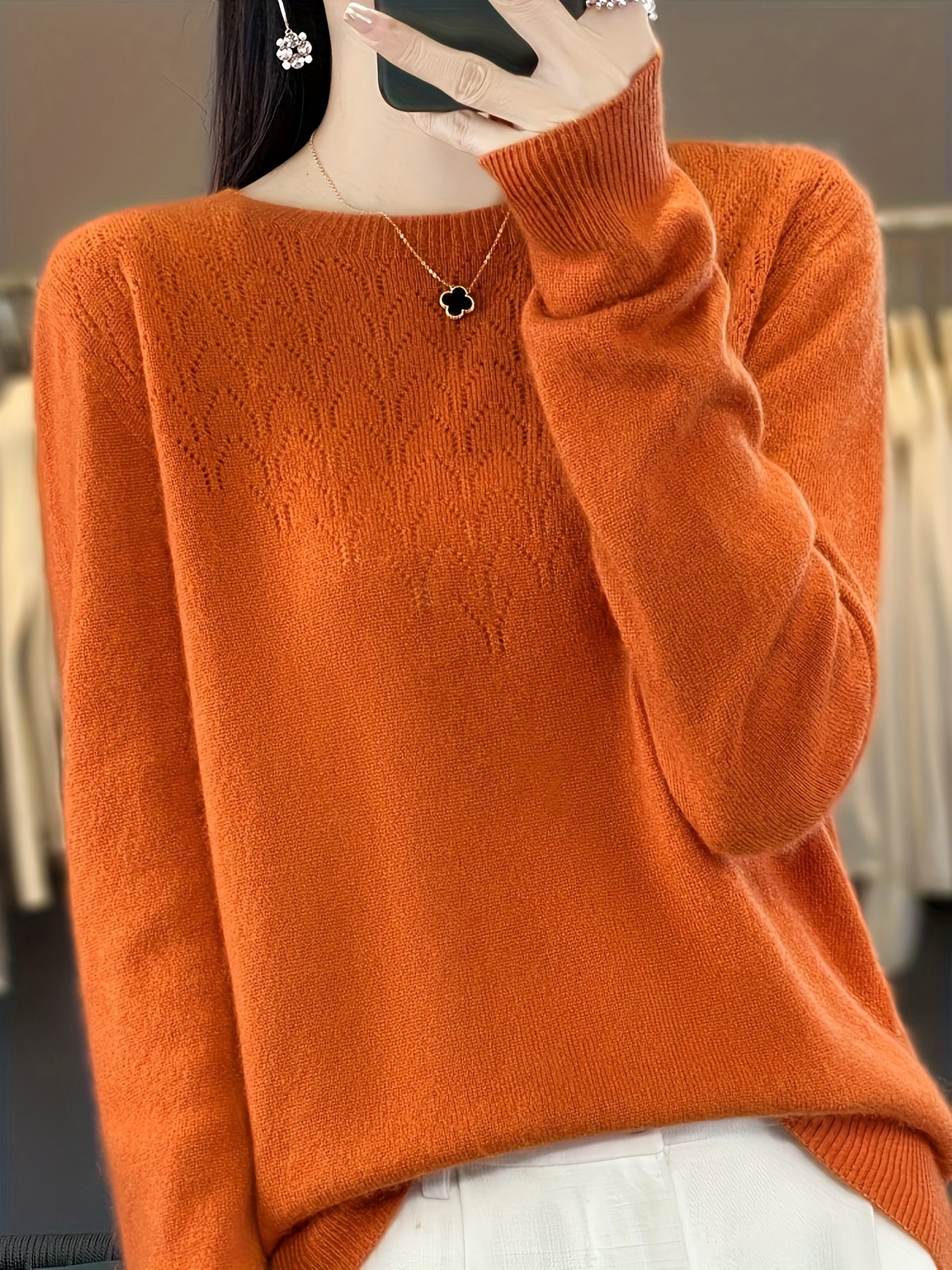 Sixsr Solid Crew Neck Wool Sweater, Casual Long Sleeve Cozy Basic Sweater, Women's Clothing