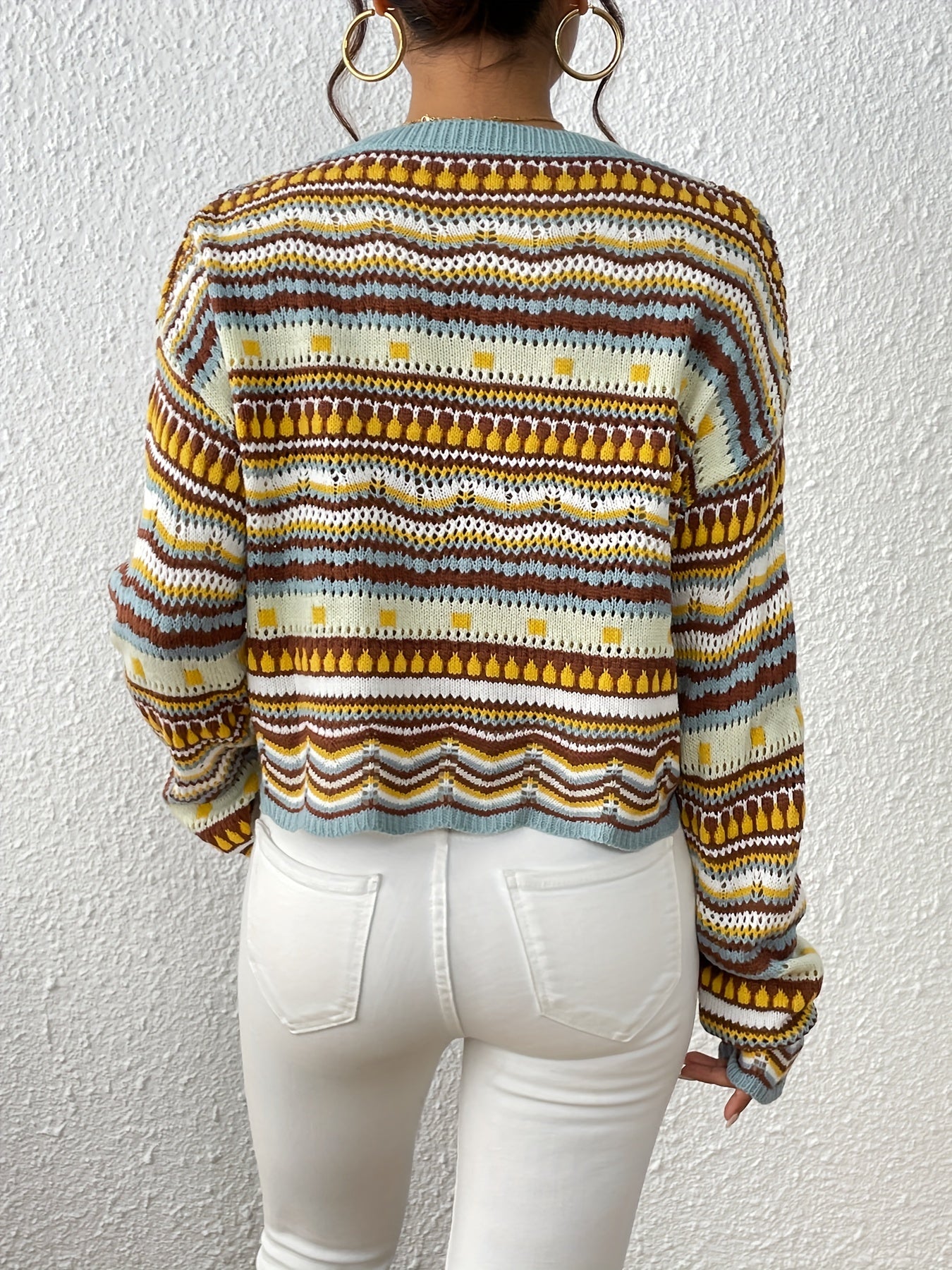 Sixsr Ethnic Print Eyelet Knit Sweater, Casual Crew Neck Long Sleeve Drop Shoulder Sweater, Women's Clothing