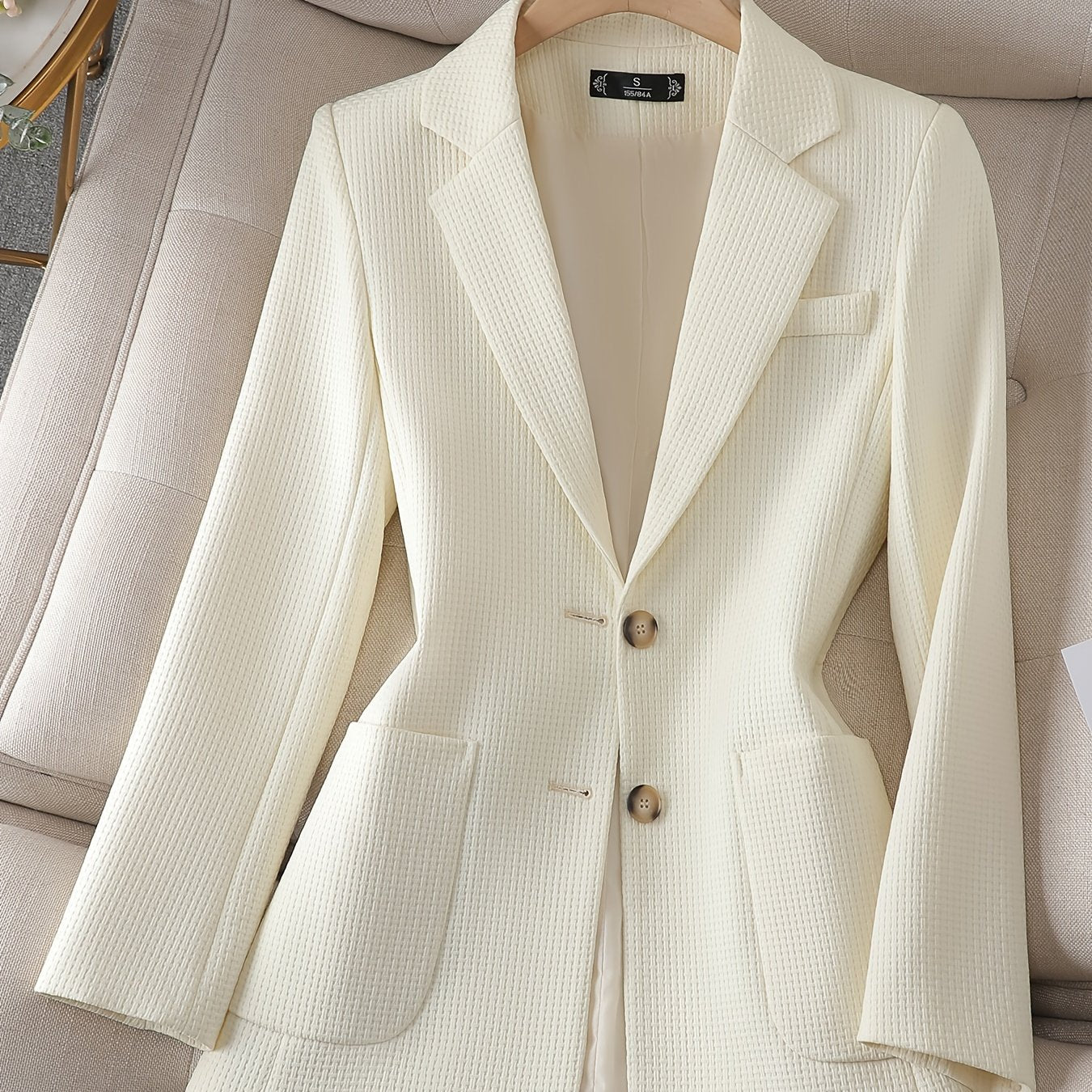 Sixsr Solid Button Front Tunic Blazer, Elegant Lapel Long Notched Neck Sleeve Blazer For Office & Work, Women's Clothing