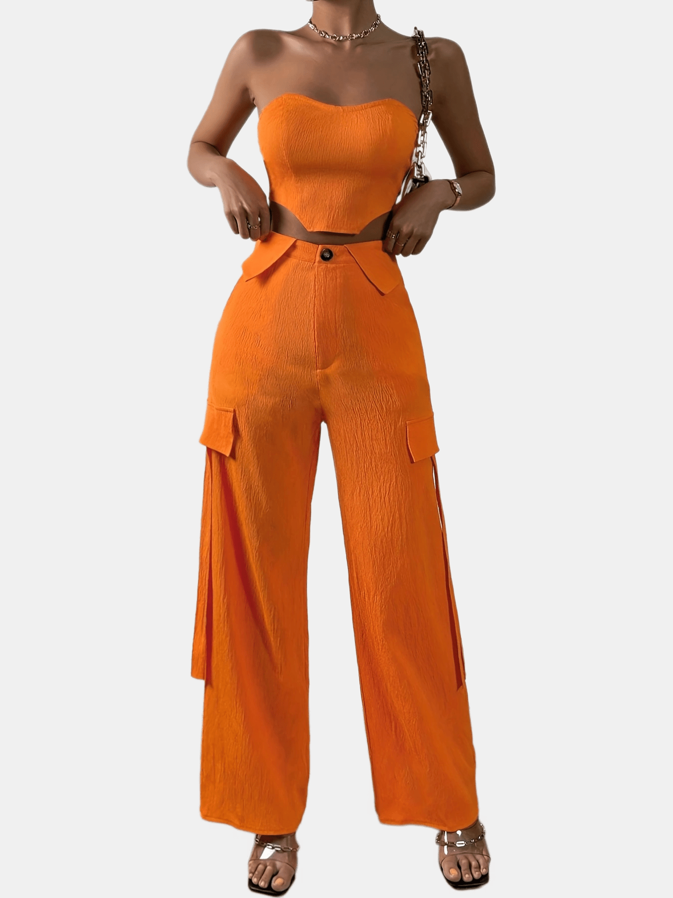 Sixsr Solid Sexy Two-piece Set, Off Shouldet Tie Back Tops & Wide Leg Pants Outfits, Women's Clothing