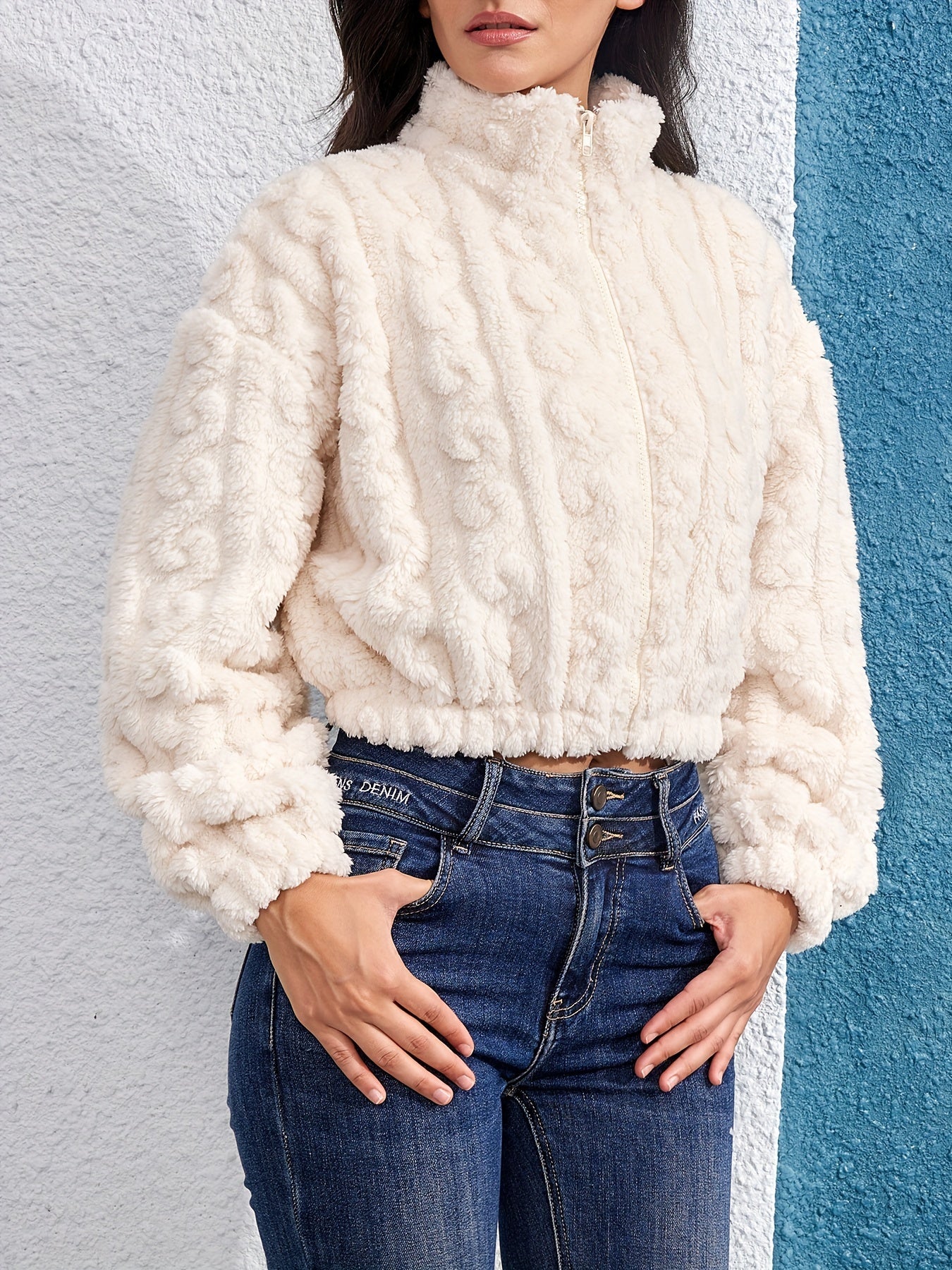 Sixsr Fuzzy Solid Fall & Winter Jacket, Casual Zip Up Long Sleeve Outerwear, Women's Clothing