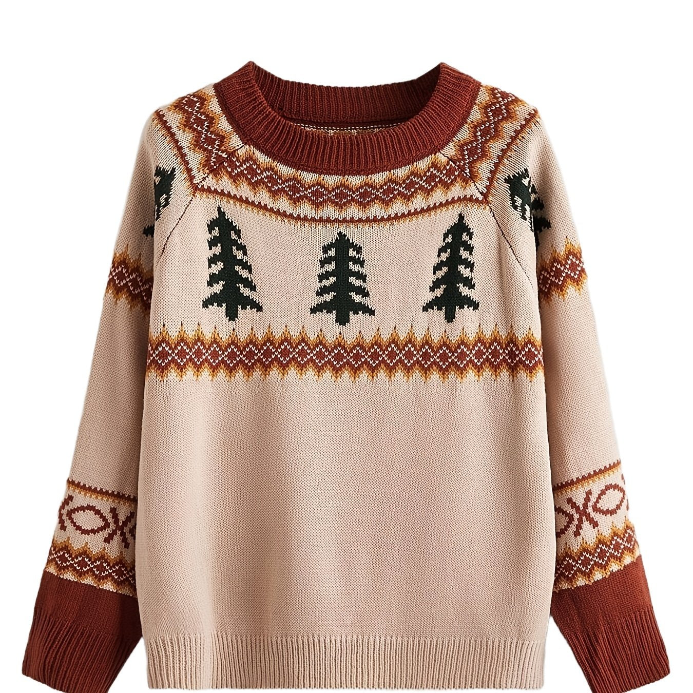 Sixsr Plus Size Christmas Jacquard Long Sleeve Sweater, Women's Plus Slight Stretch Casual Pullover Sweater