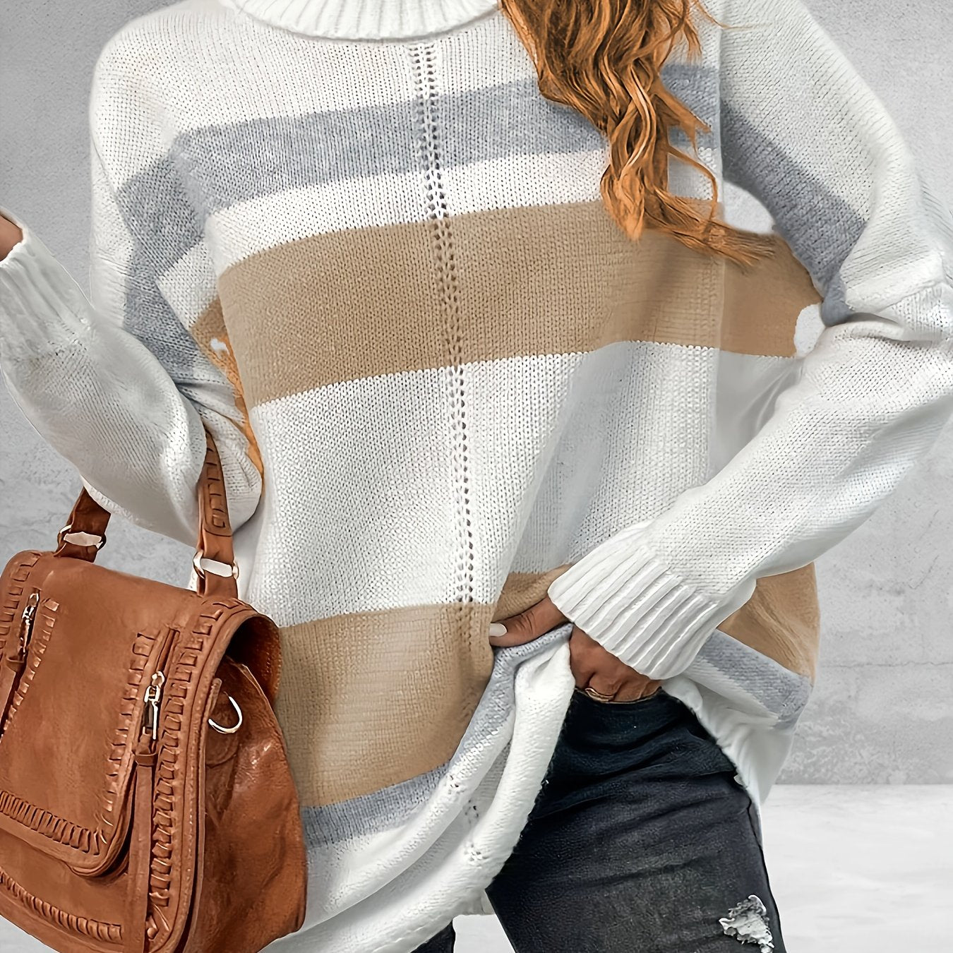 Sixsr Plus Size Casual Sweater, Women's Plus Colorblock Long Sleeve Turtle Neck Slight Stretch Sweater