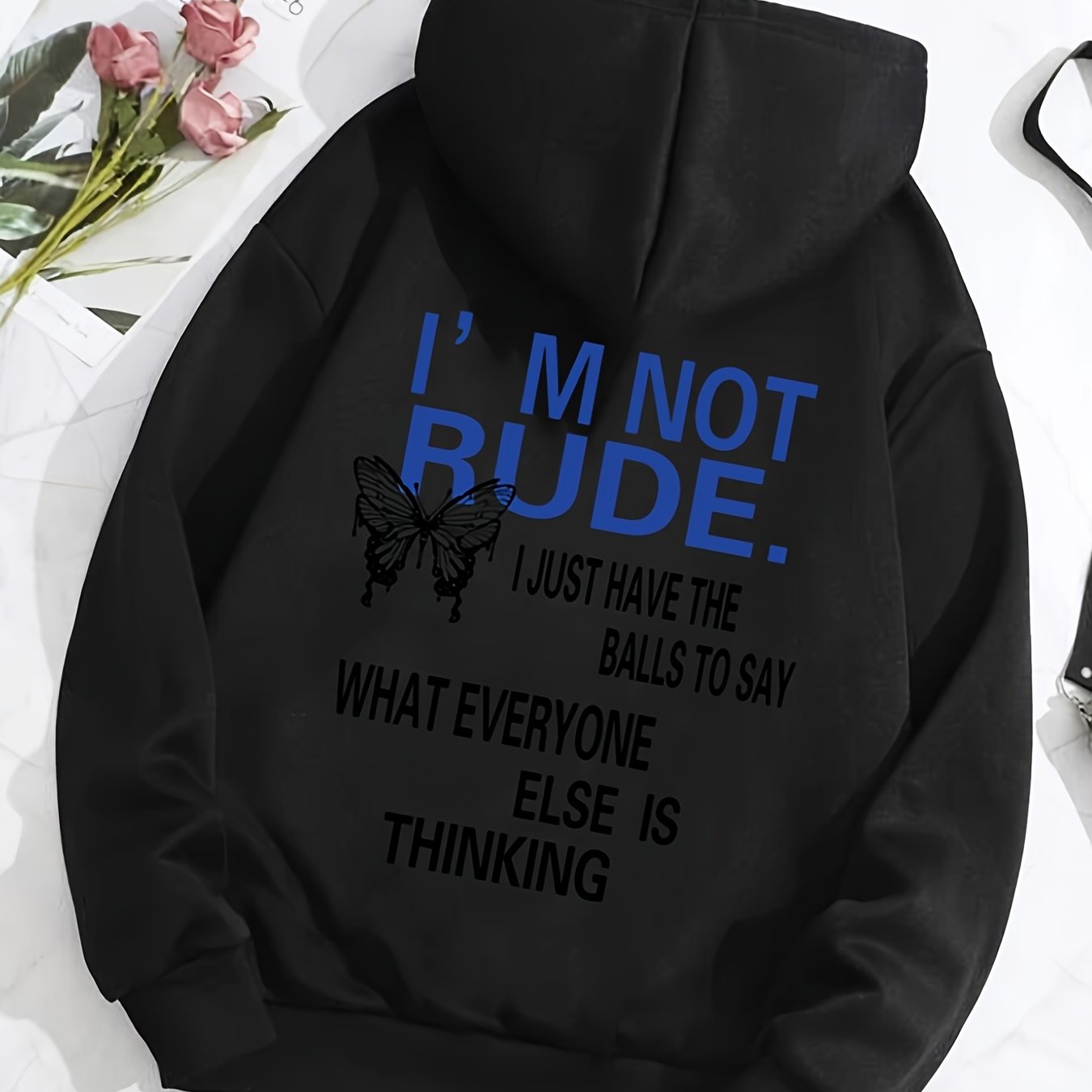 Sixsr Butterfly Letter Print Drawstring Loose Hoodie, Casual Hooded Pocket Fashion Long Sleeve Sweatshirt, Women's Clothing