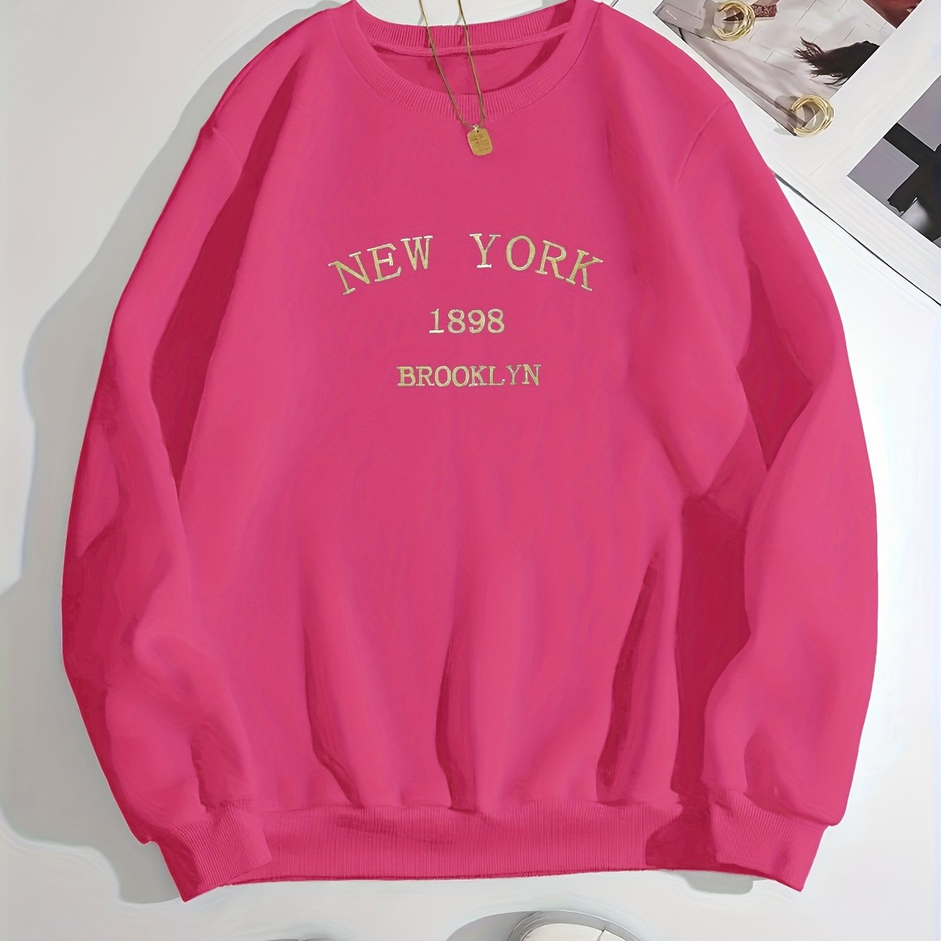 Sixsr New York Brooklyn Print Loose Sweatshirt, Casual Long Sleeve Crew Neck Sweatshirt, Women's Clothing