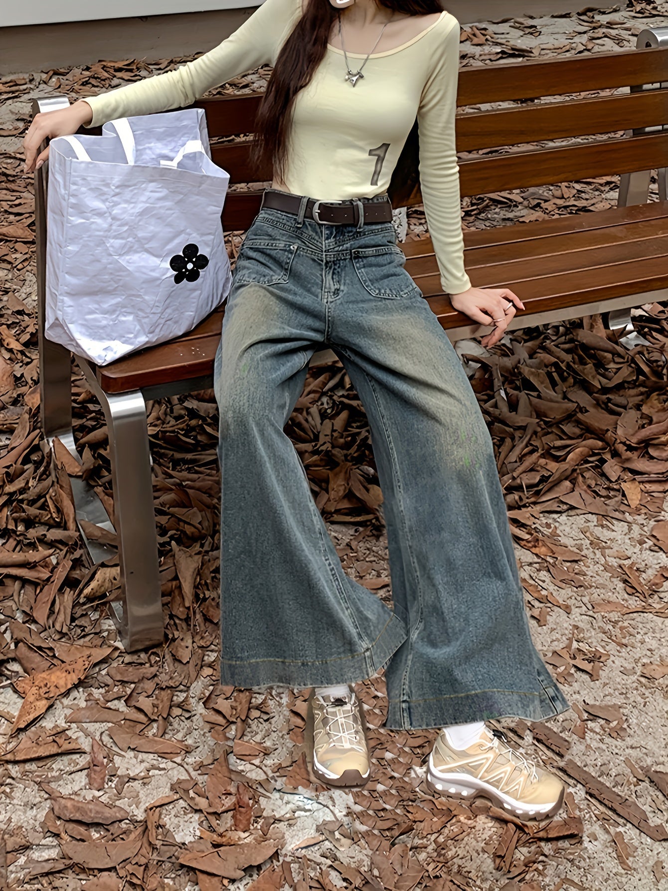 Sixsr High Waist Washed Baggy Jeans, Fleece Liner Loose Fit Without Waistband Wide Legs Jeans, Women's Denim Jeans & Clothing