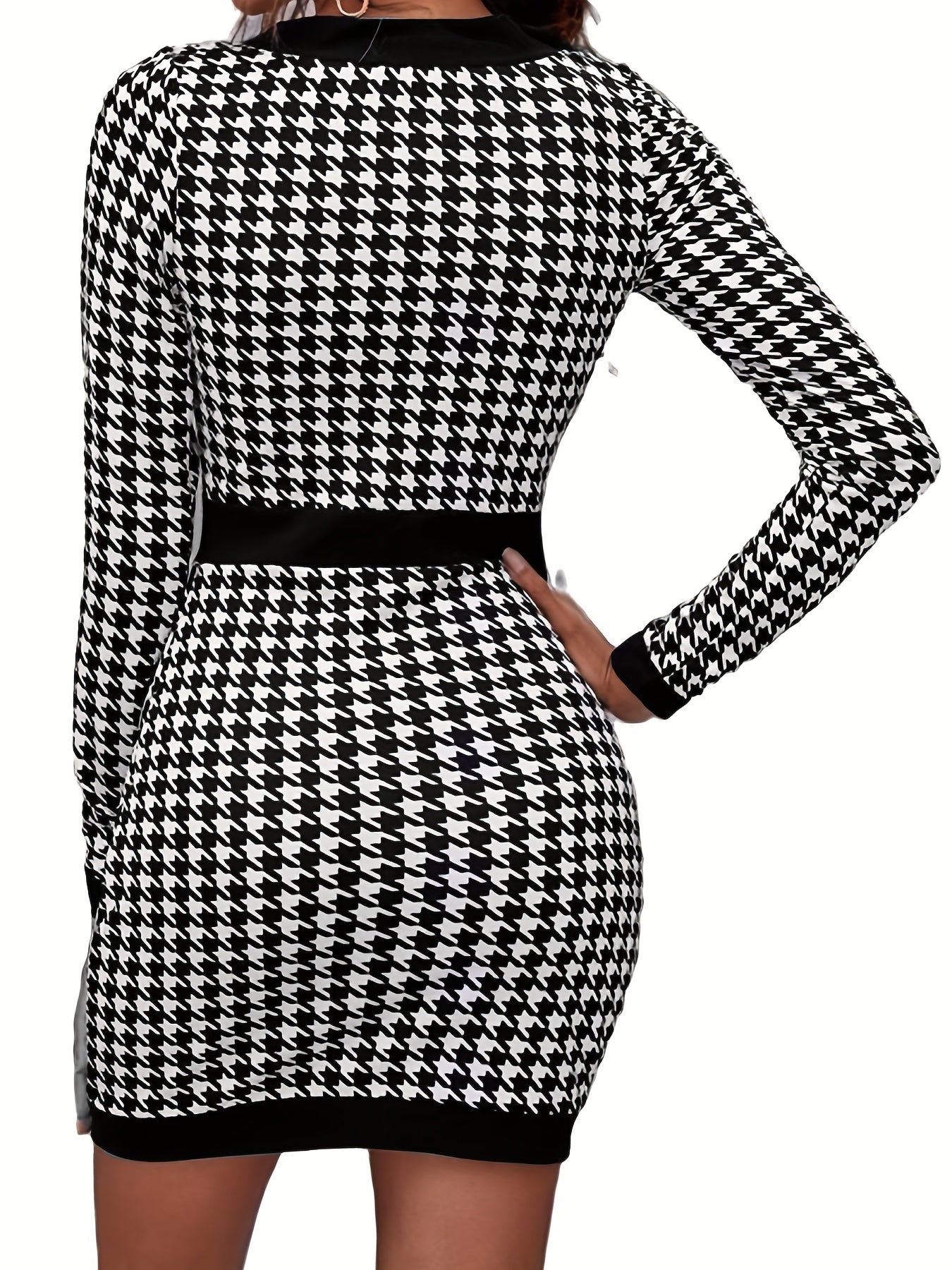 Houndstooth Print Dress, Elegant Squared Neck Long Sleeve Slim Dress, Women's Clothing