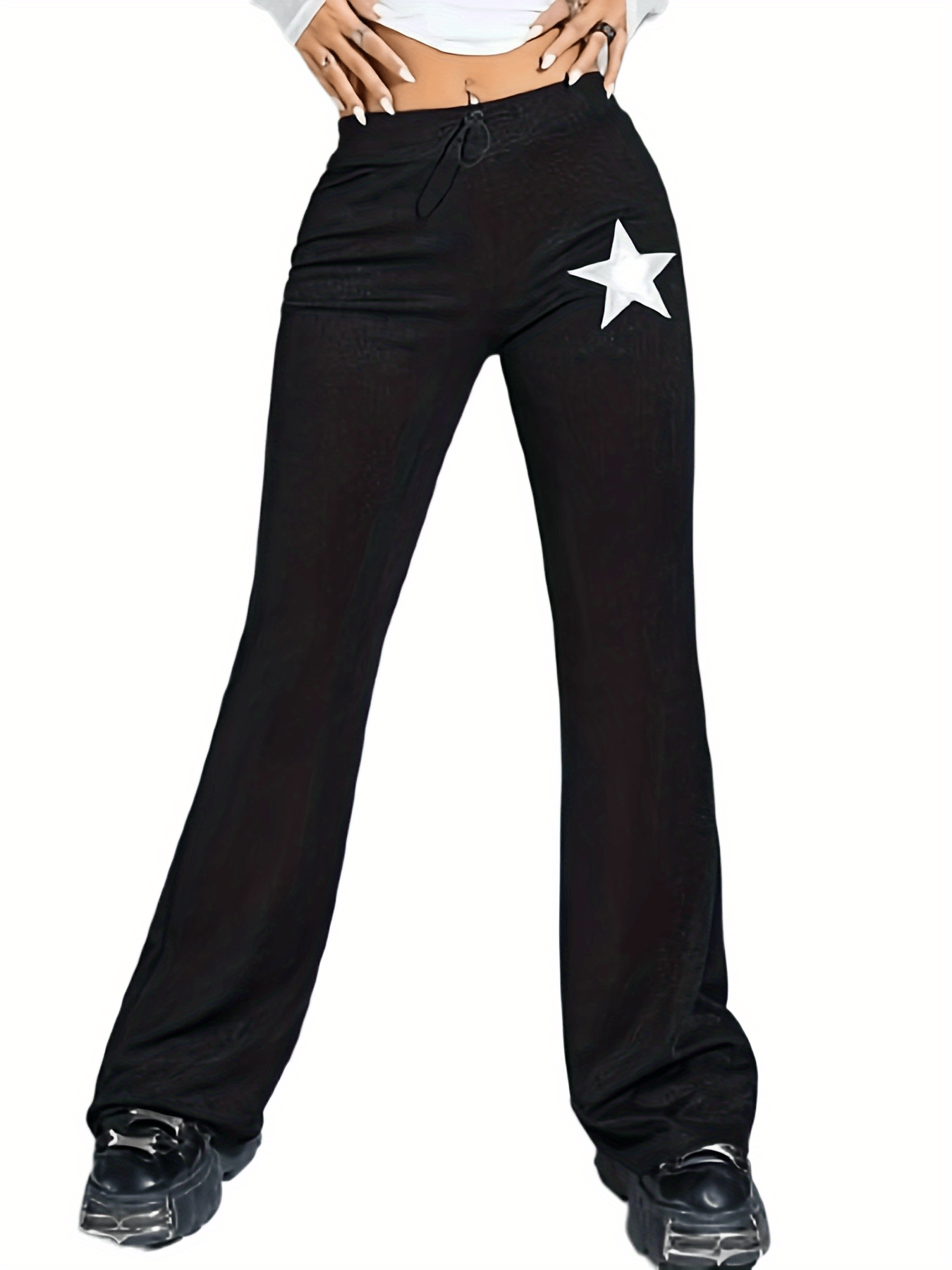 Sixsr Plus Size Casual Pants, Women's Plus Star Print Skinny Medium Stretch Flared Leg Pants