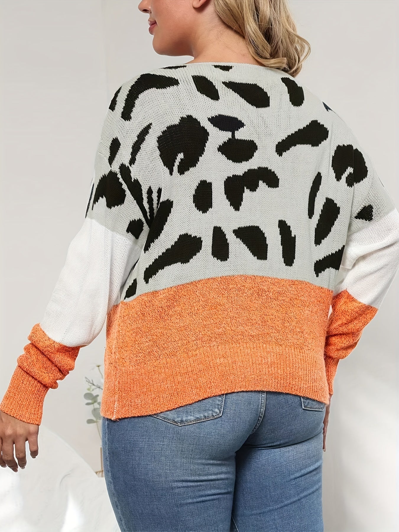Sixsr Plus Size Casual Sweater, Women's Plus Graphic Print Drop Shoulder Long Sleeve Round Neck Medium Stretch Sweater