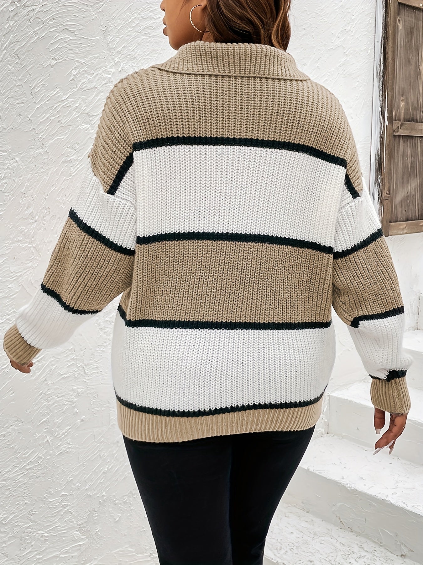 Sixsr Plus Size Deep V Neck Colorblock Long Sleeve Sweater, Women's Plus Loose Fit Drop Shoulder Casual Sweater