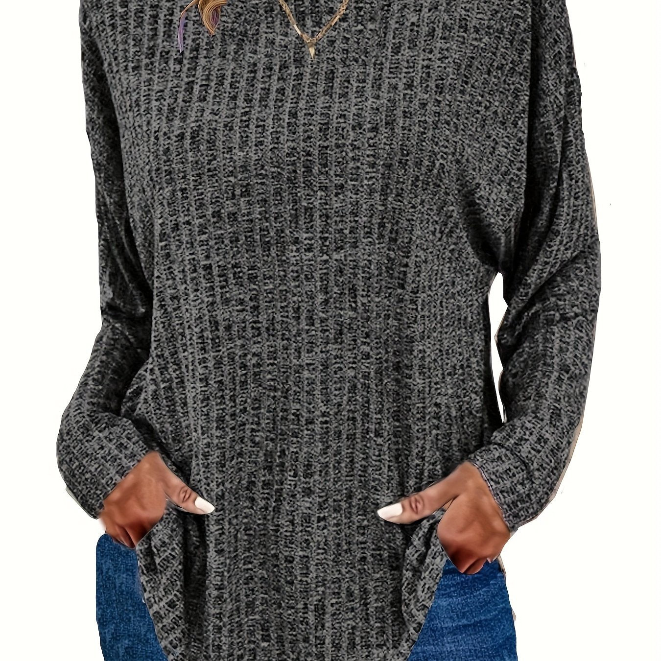 Sixsr Plus Size Casual Sweater, Women's Plus Solid Ribbed Long Sleeve Round Neck Knit Top
