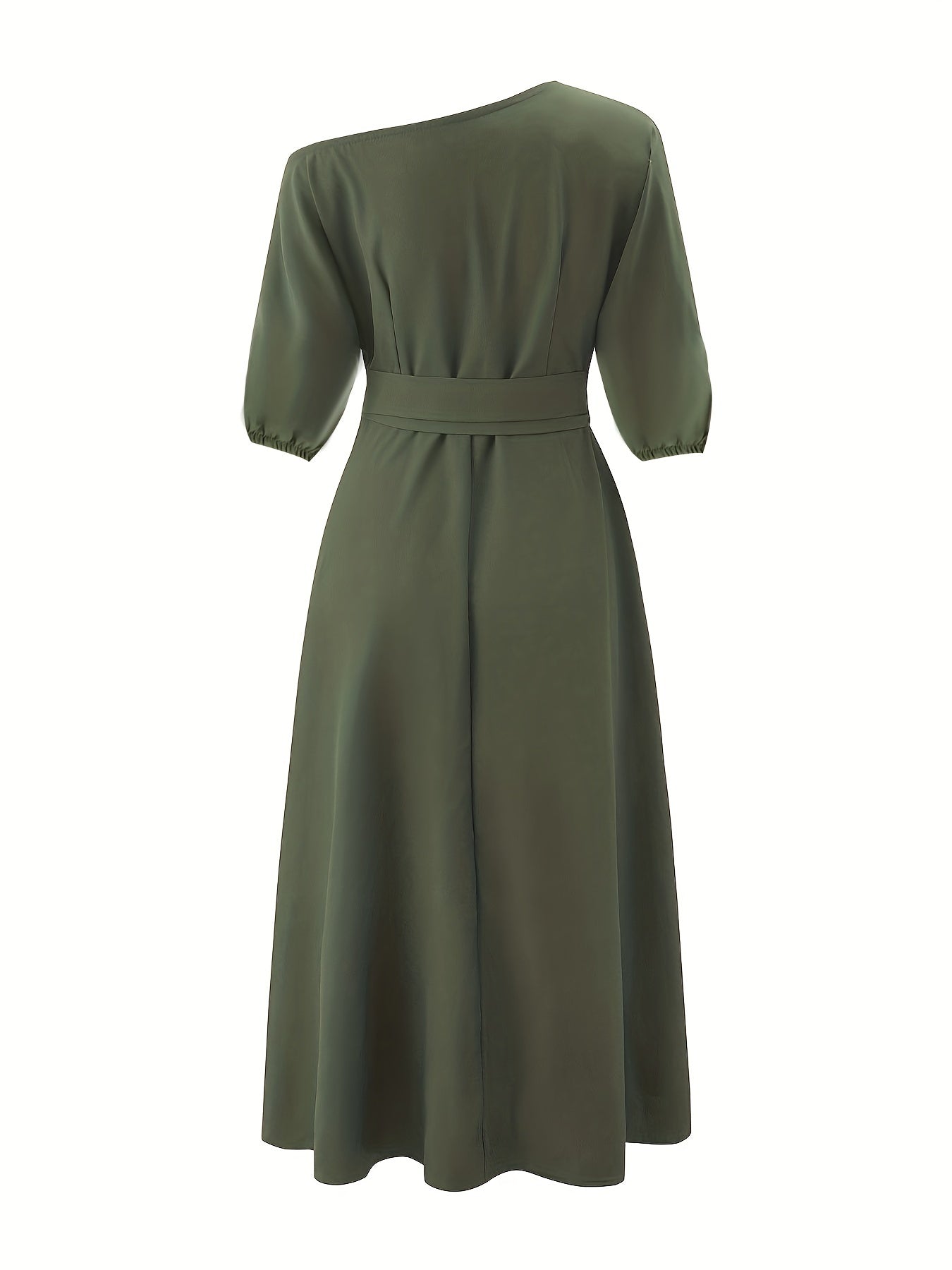 Sixsr Slant Shoulder Neck Tie Waist Dress, Elegant Dual Pockets Short Sleeve Dress, Women's Clothing
