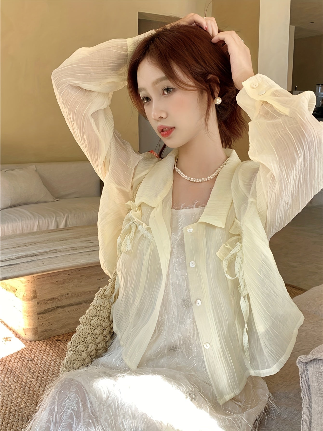Sixsr Solid Ruffle Trim Mesh Blouse, Elegant Long Sleeve Button Front Blouse For Spring & Fall, Women's Clothing