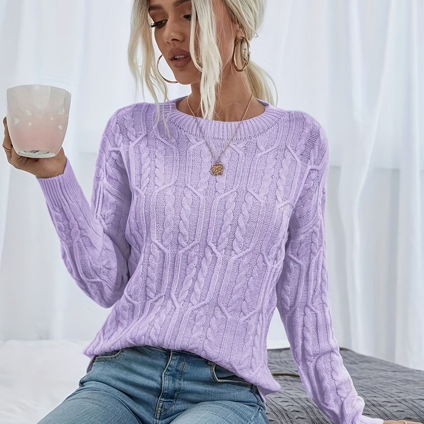 Sixsr Twist Pattern Crew Neck Sweater, Casual Long Sleeve Sweater For Fall & Winter, Women's Clothing
